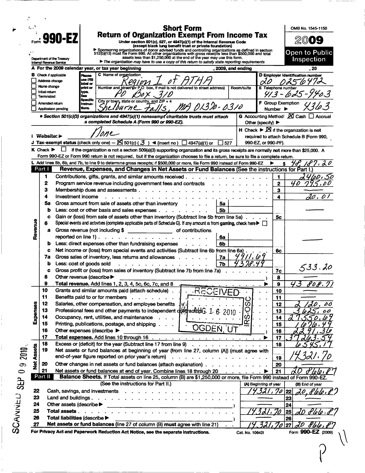 Image of first page of 2009 Form 990EZ for Association of Traditional Hooking Artists - Region 1 of Atha