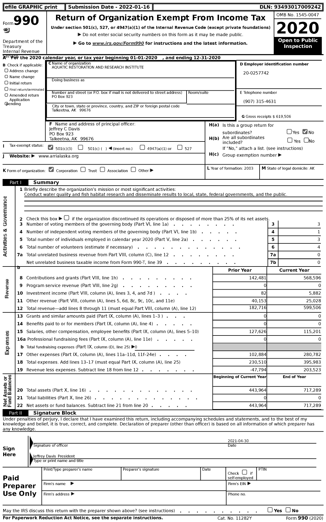 Image of first page of 2020 Form 990 for Aquatic Restoration and Research Institute (ARRI)