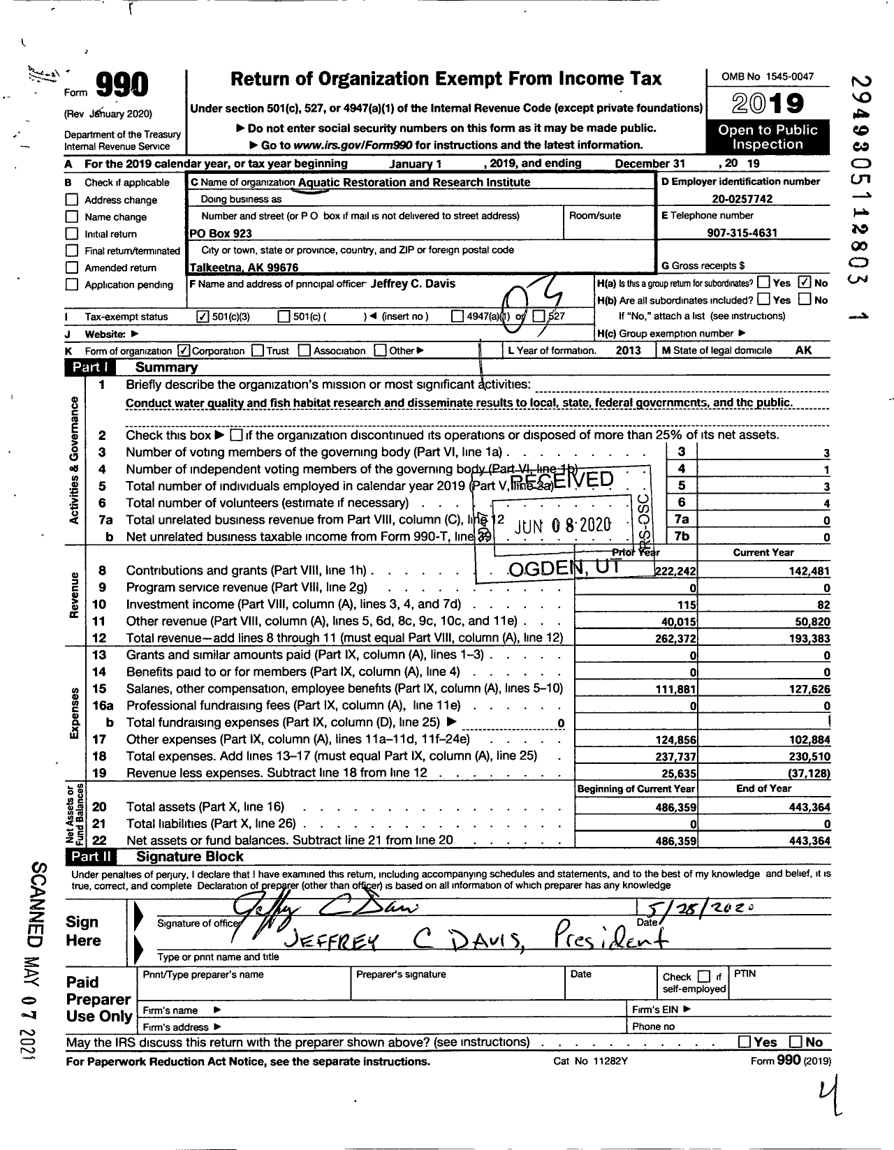 Image of first page of 2019 Form 990 for Aquatic Restoration and Research Institute (ARRI)