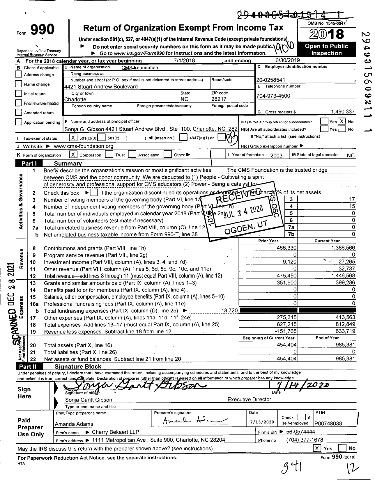 Image of first page of 2018 Form 990 for CMS Foundation