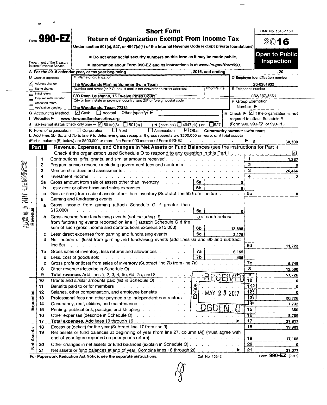 Image of first page of 2016 Form 990EZ for The Woodlands Marlins Summer Swim Team