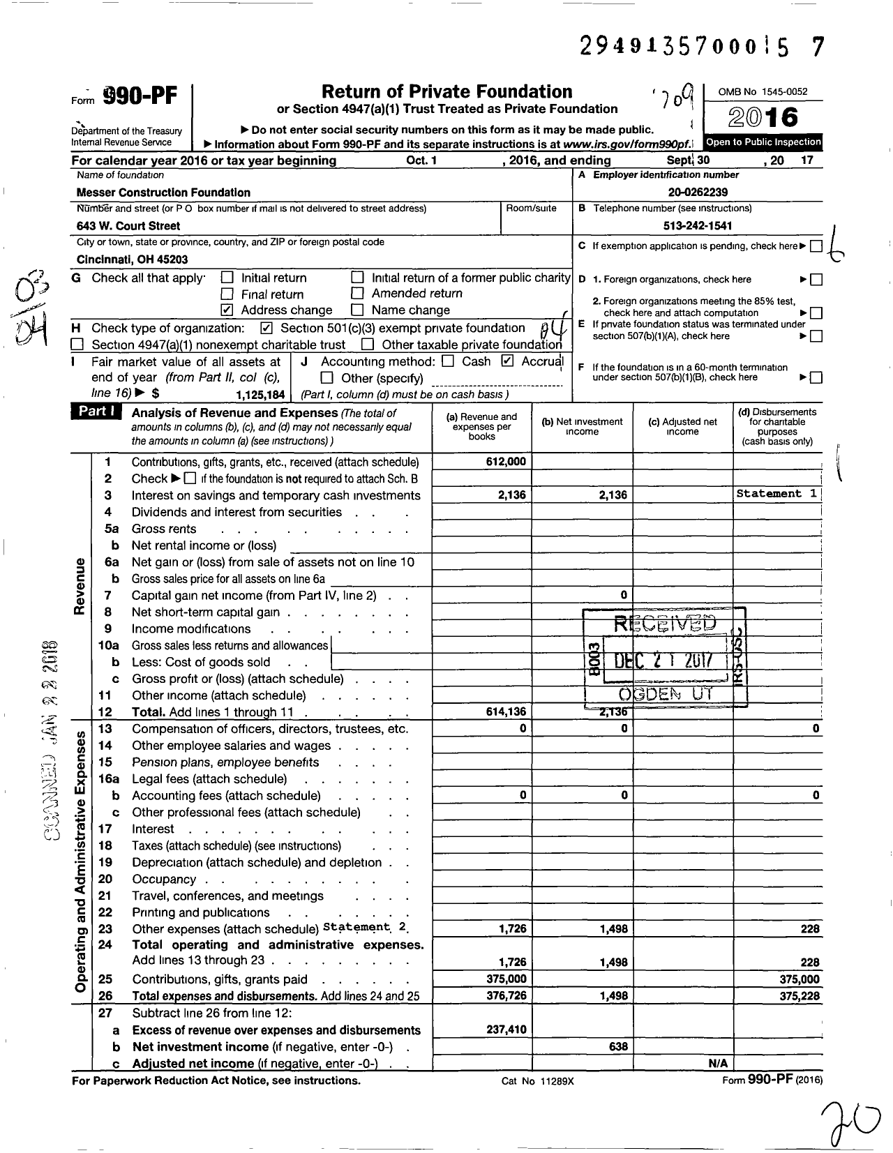 Image of first page of 2016 Form 990PF for Messer Construction Foundation