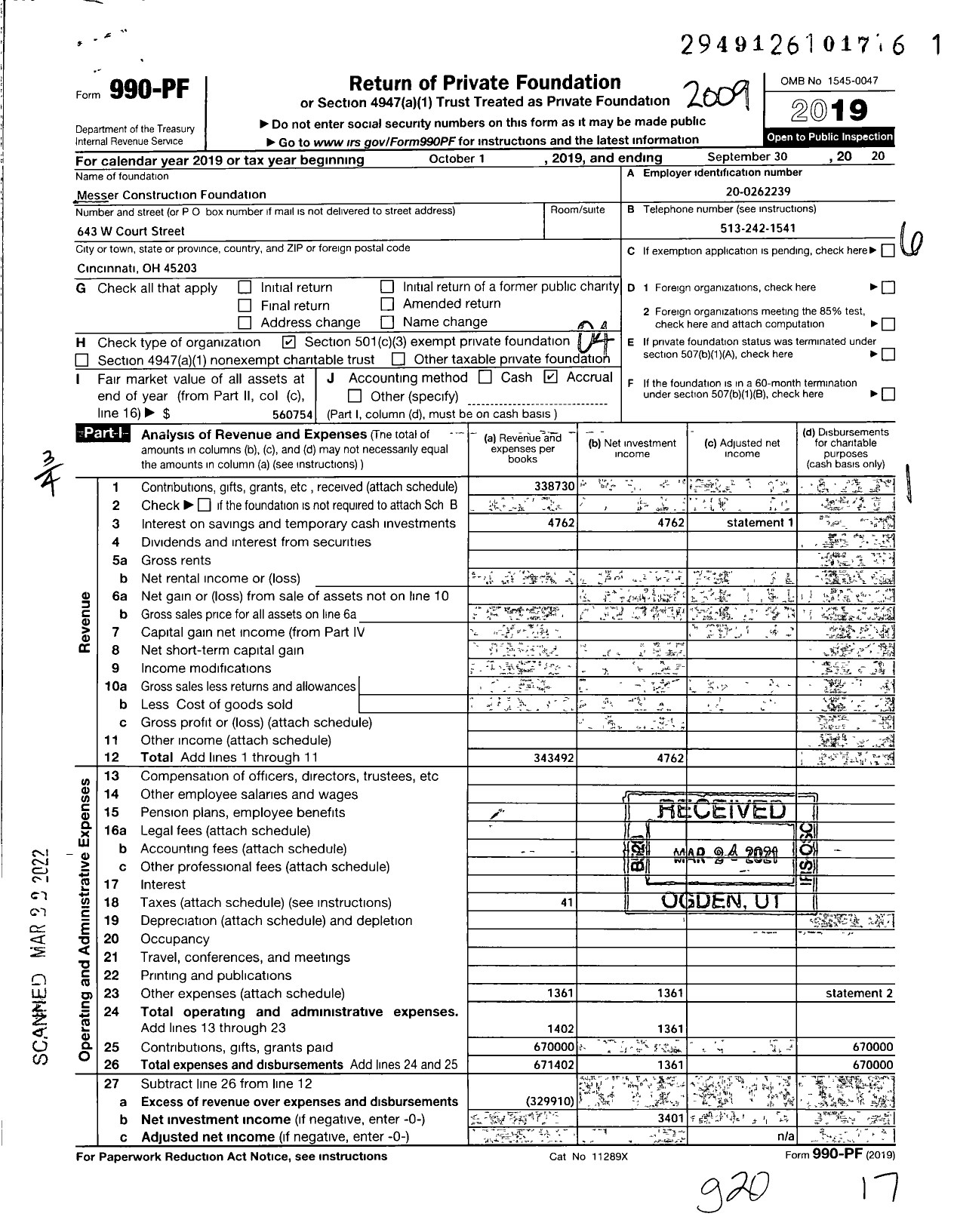 Image of first page of 2019 Form 990PF for Messer Construction Foundation