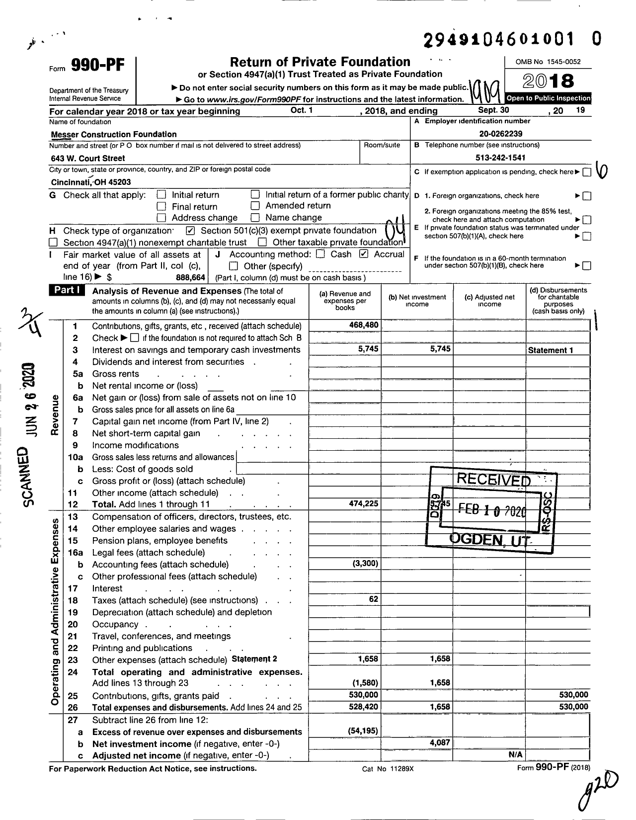 Image of first page of 2018 Form 990PR for Messer Construction Foundation