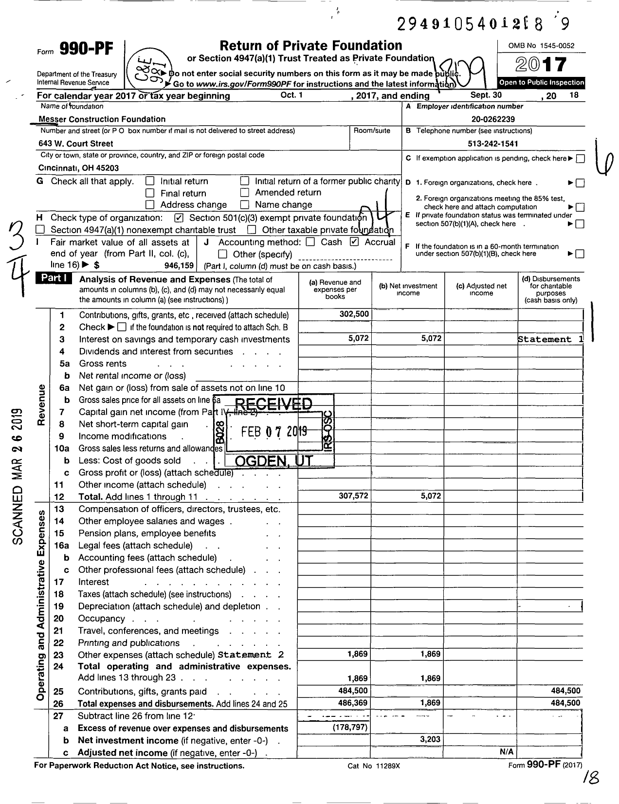 Image of first page of 2017 Form 990PF for Messer Construction Foundation