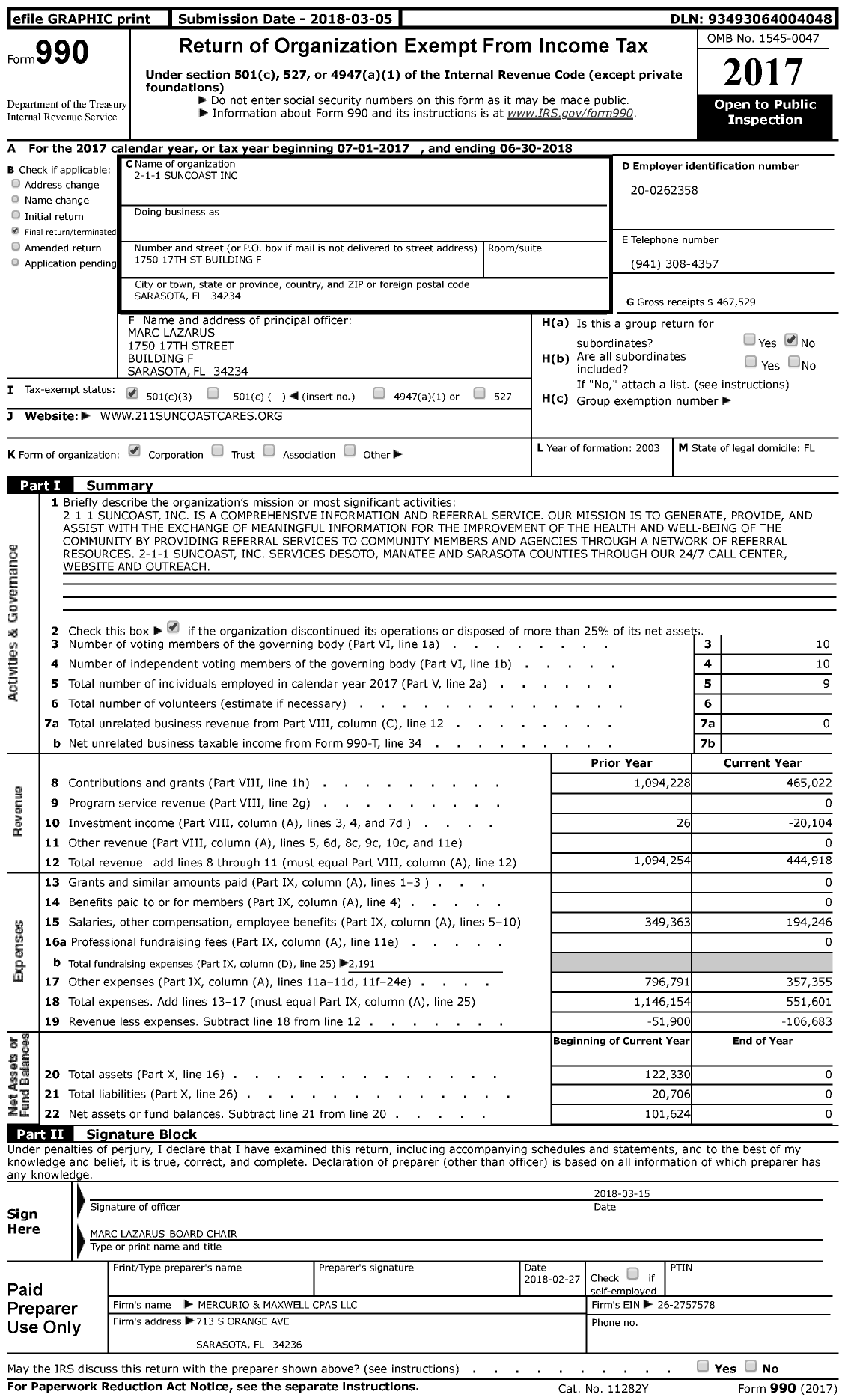 Image of first page of 2017 Form 990 for 2-1-1 Suncoast