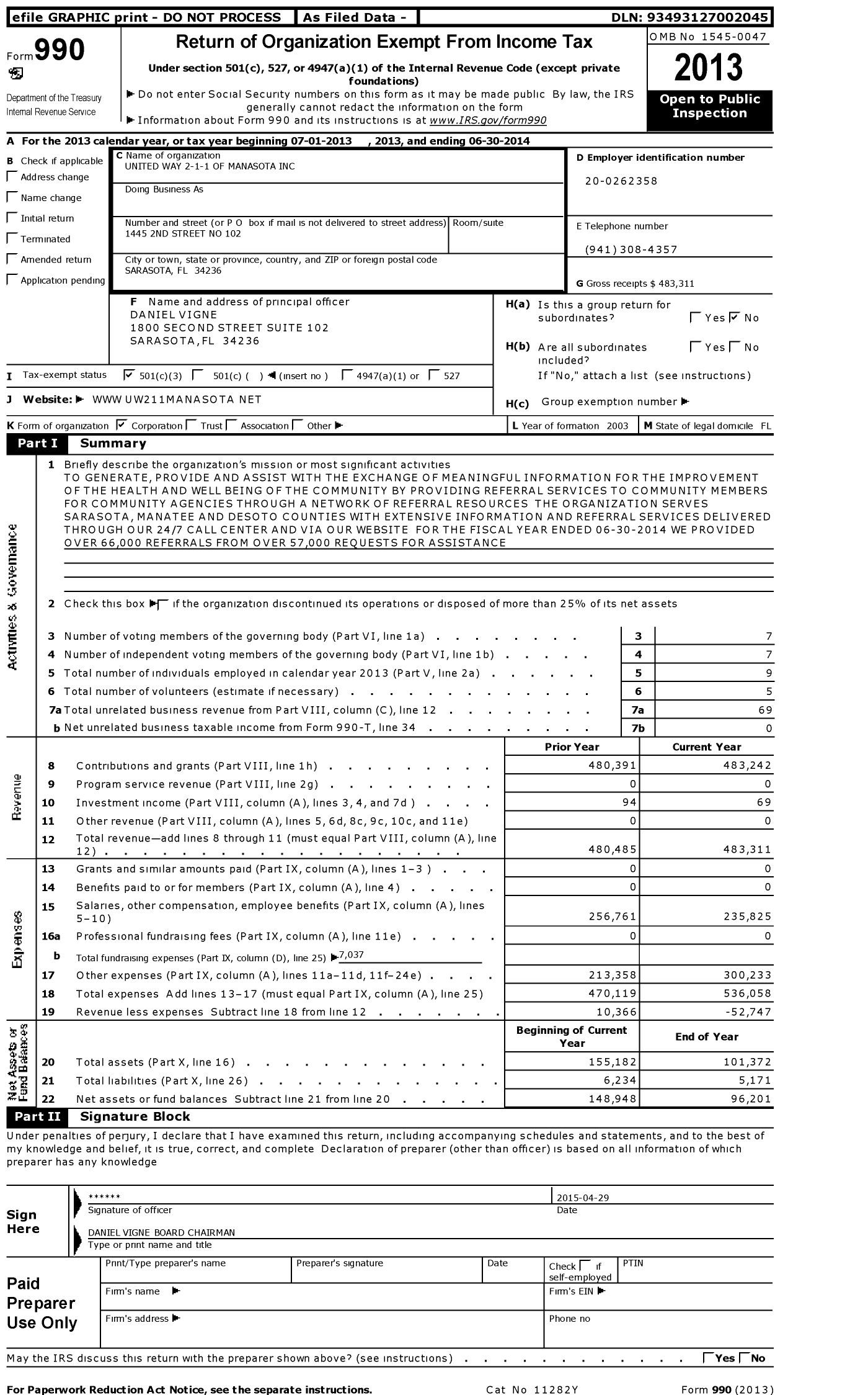 Image of first page of 2013 Form 990 for 2-1-1 Suncoast