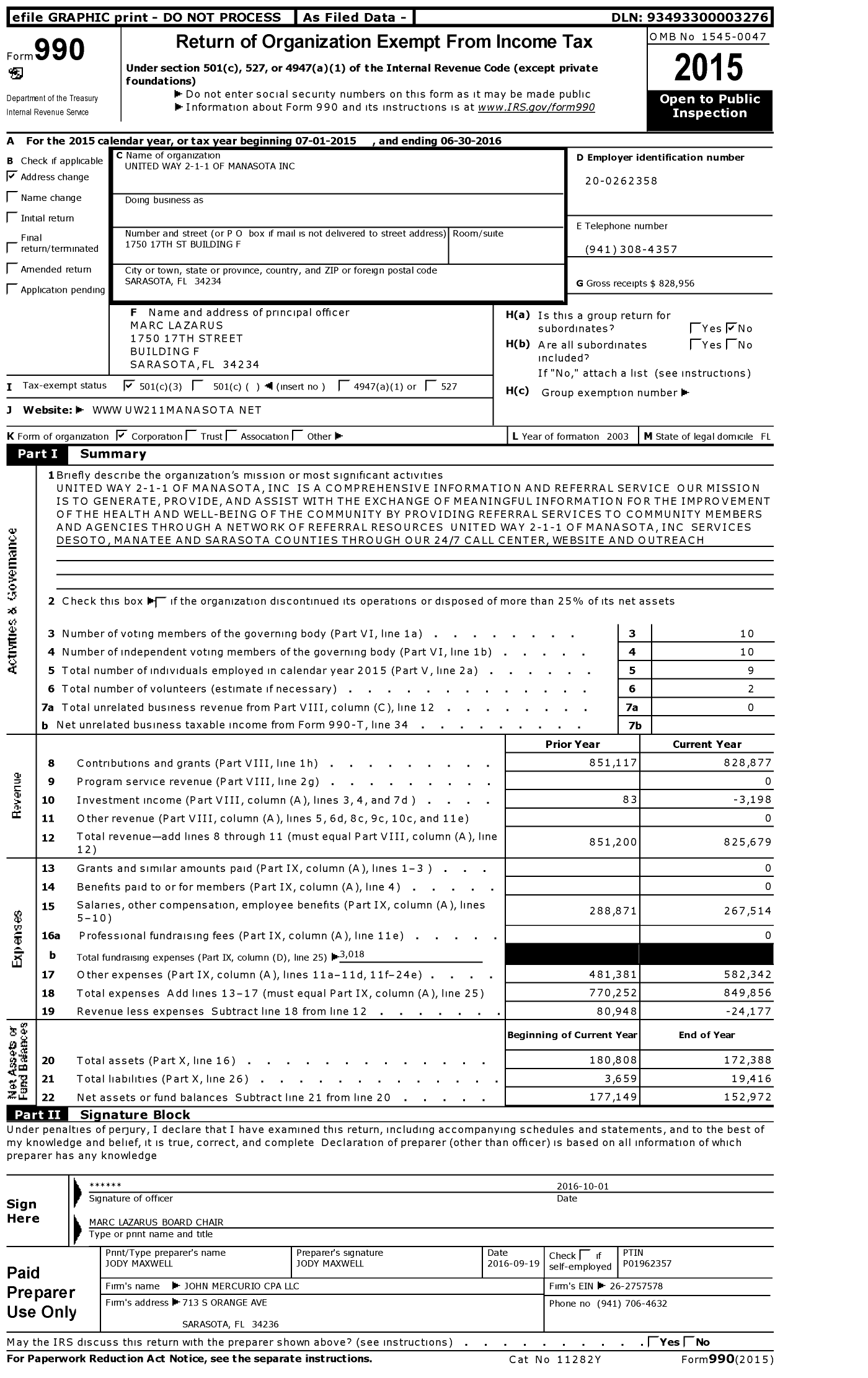 Image of first page of 2015 Form 990 for 2-1-1 Suncoast