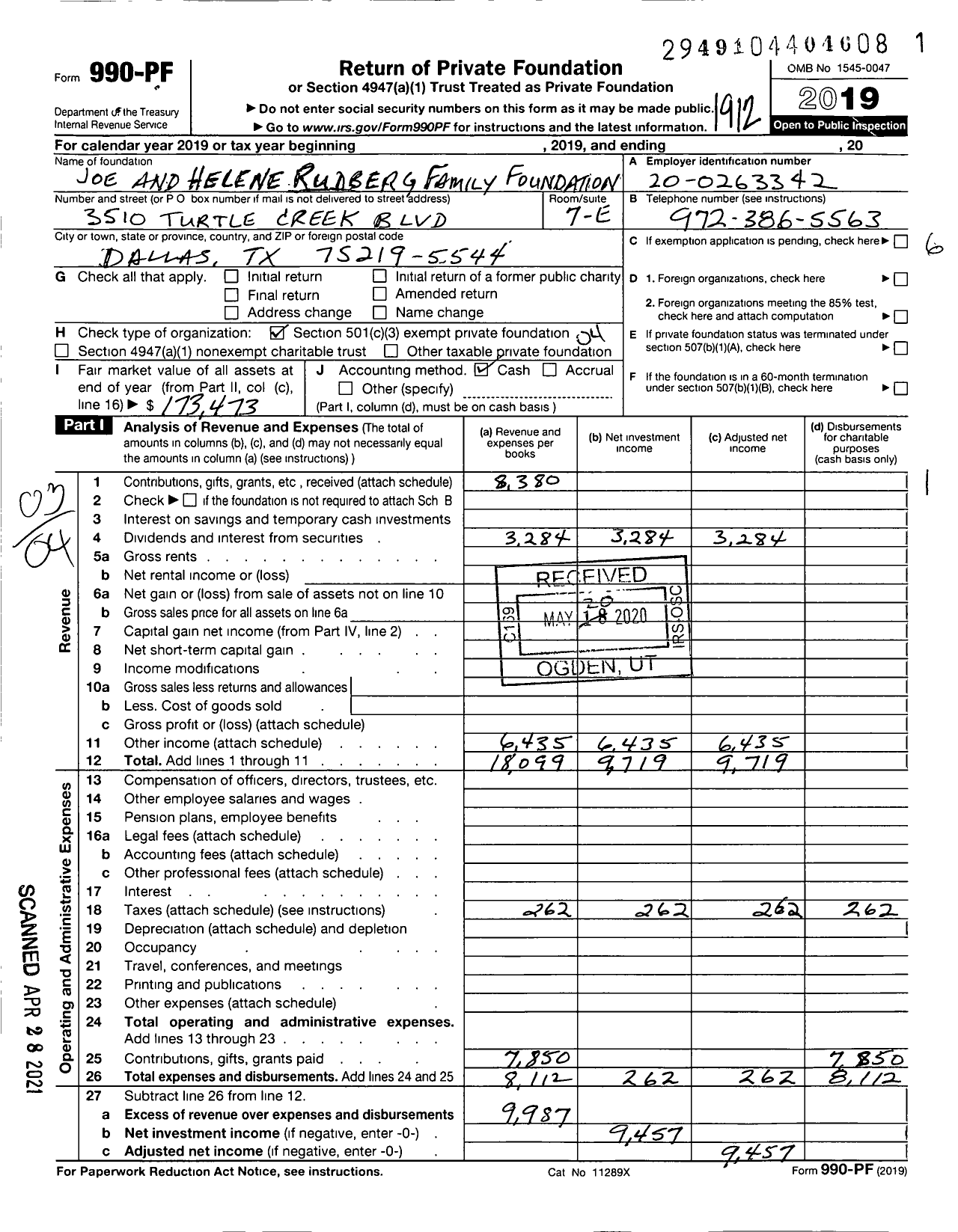 Image of first page of 2019 Form 990PF for Joe and Helene Rudberg Family Foundation