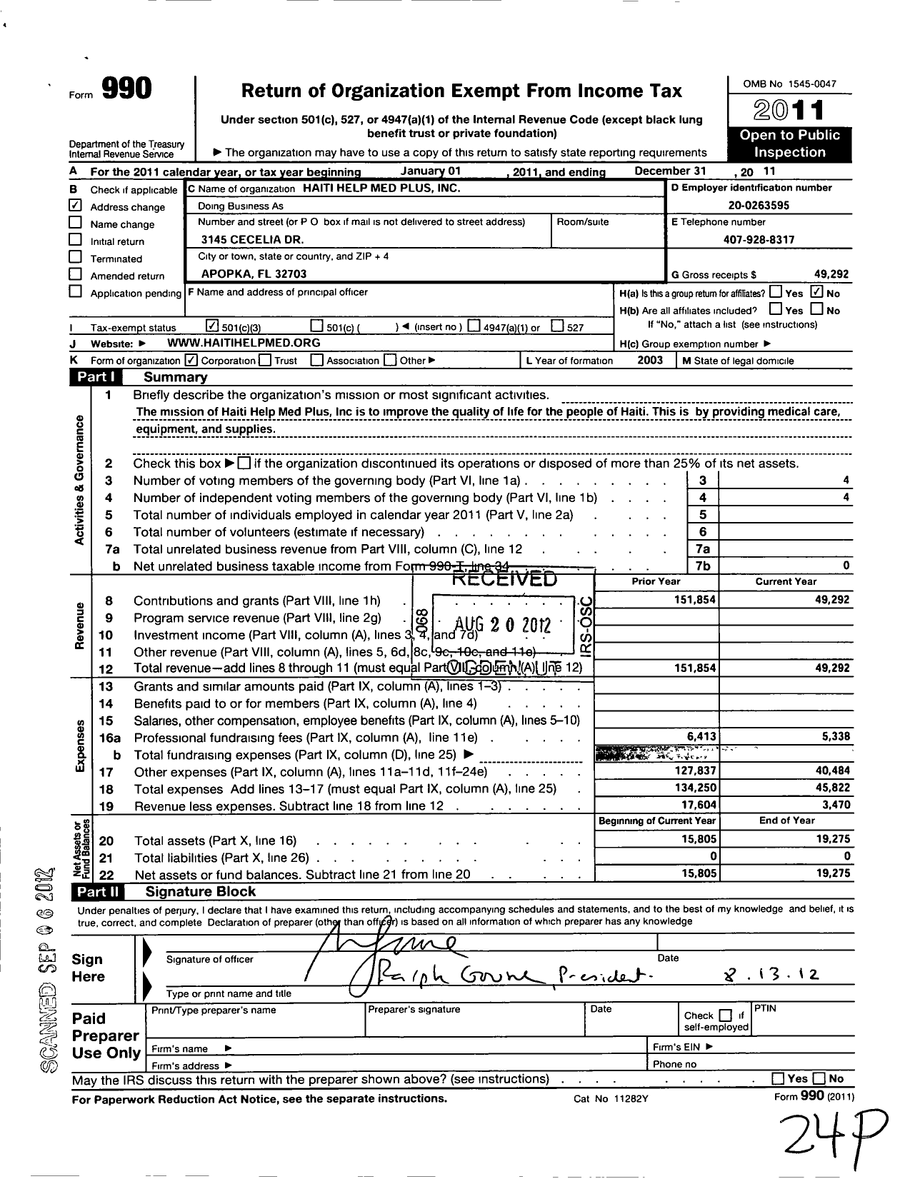 Image of first page of 2011 Form 990 for Haiti Help Med Plus