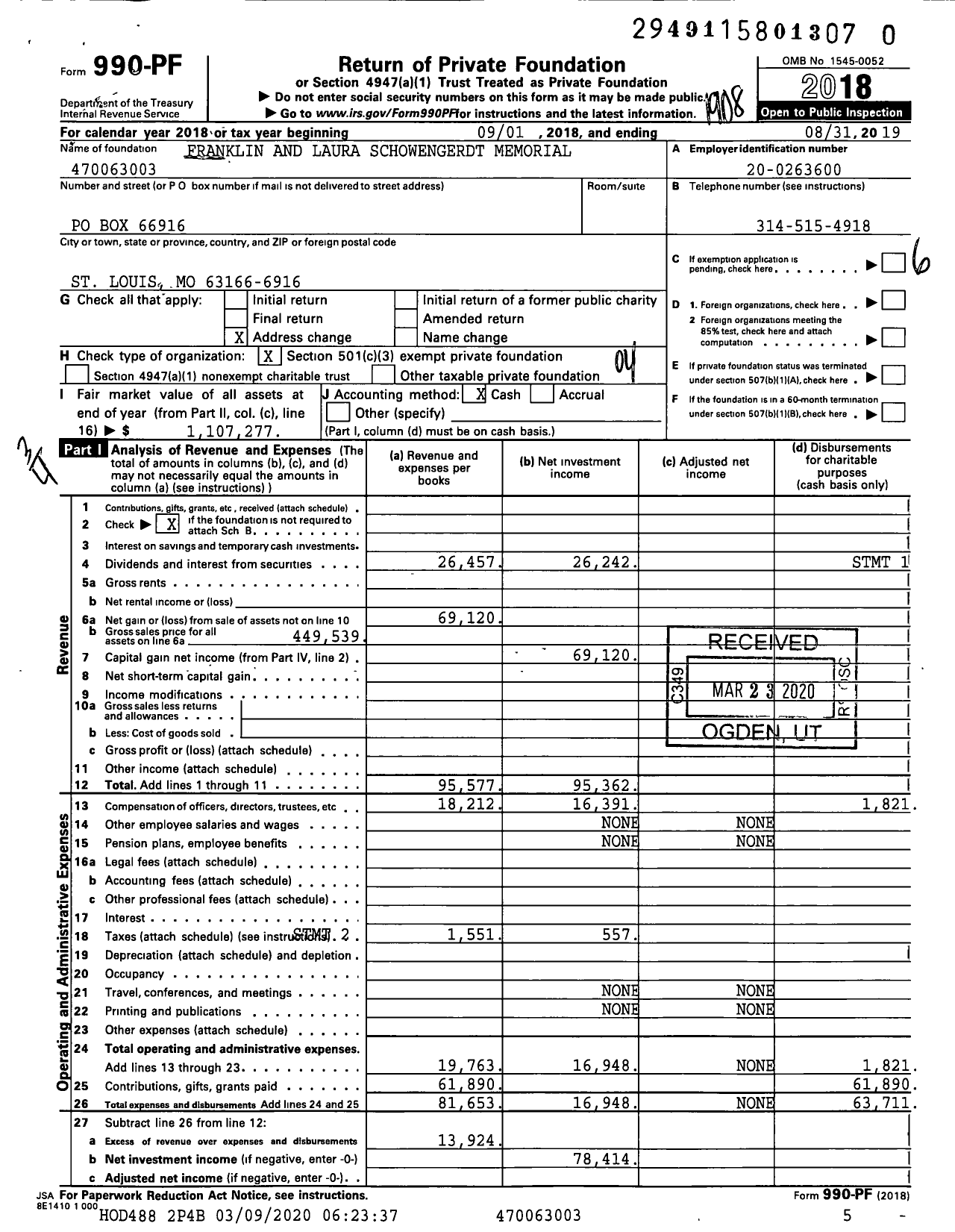 Image of first page of 2018 Form 990PR for Franklin and Laura Schowengerdt Memorial