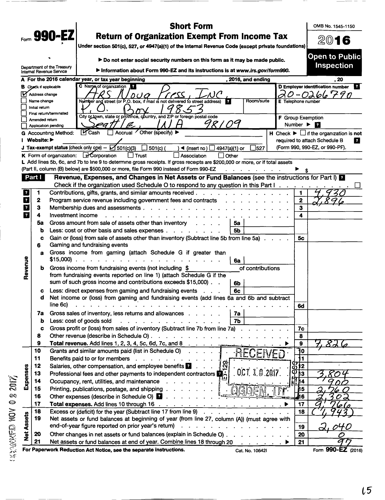 Image of first page of 2016 Form 990EZ for Ars Nova Press