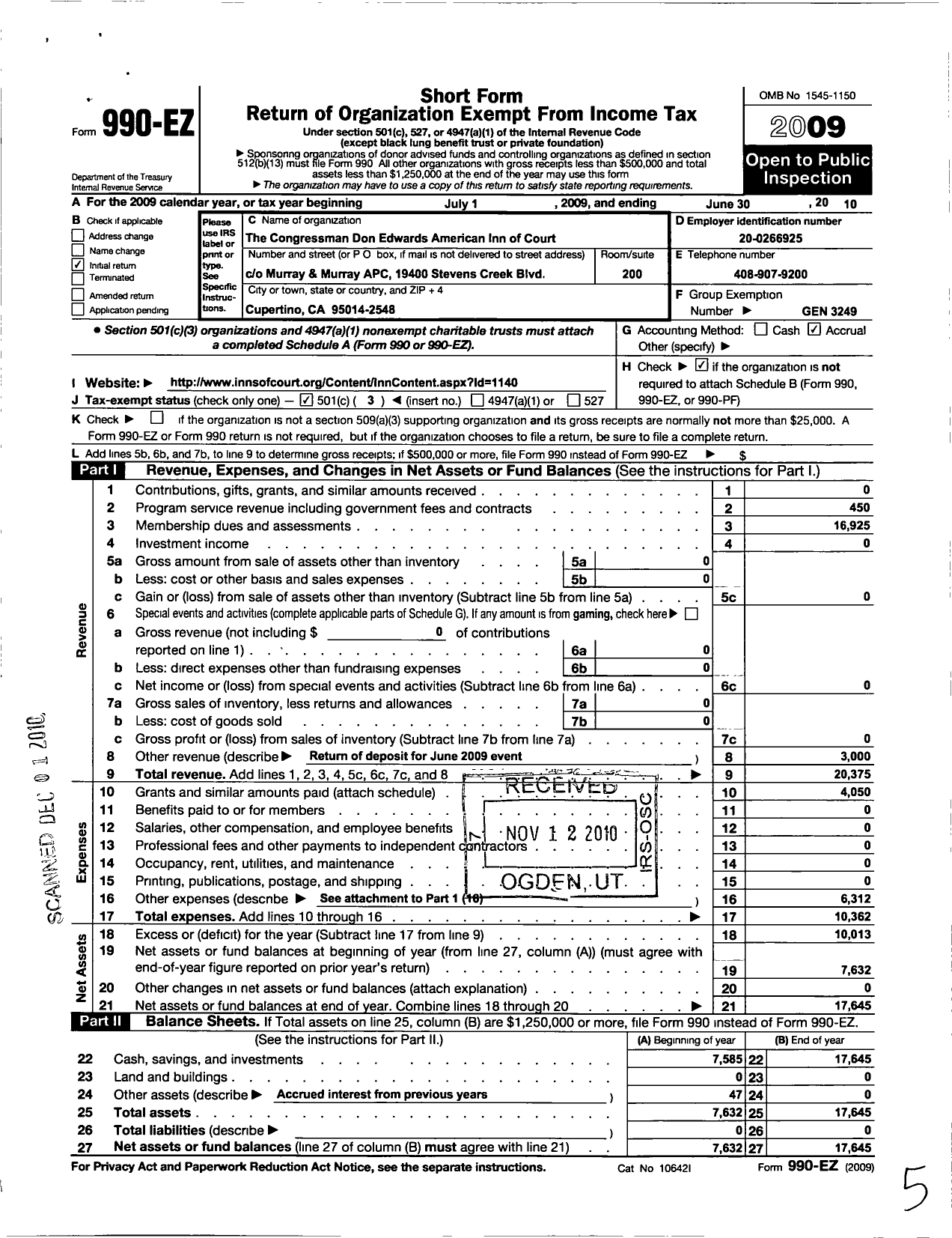 Image of first page of 2009 Form 990EZ for American Inns of Court Foundation - 30367 Congressman Don Edwards CHPTR