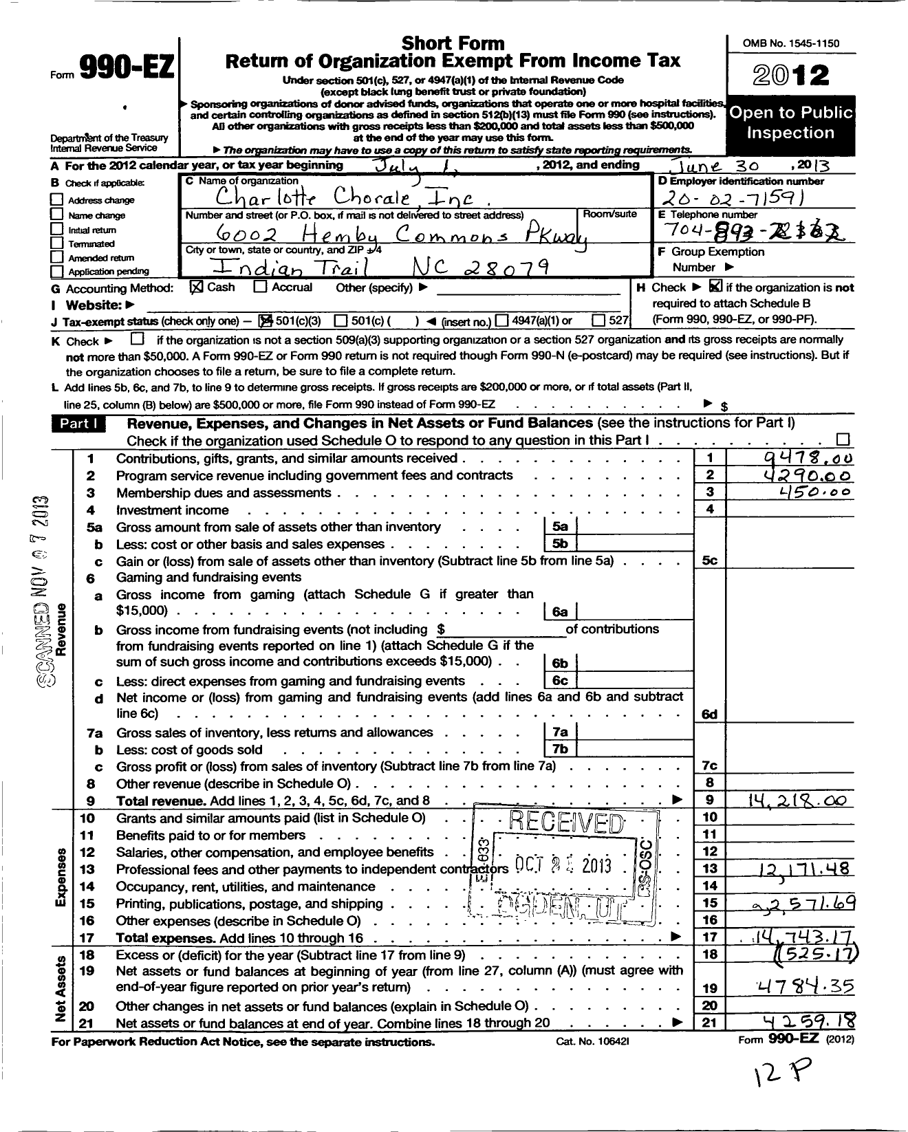 Image of first page of 2012 Form 990EZ for Charlotte Chorale