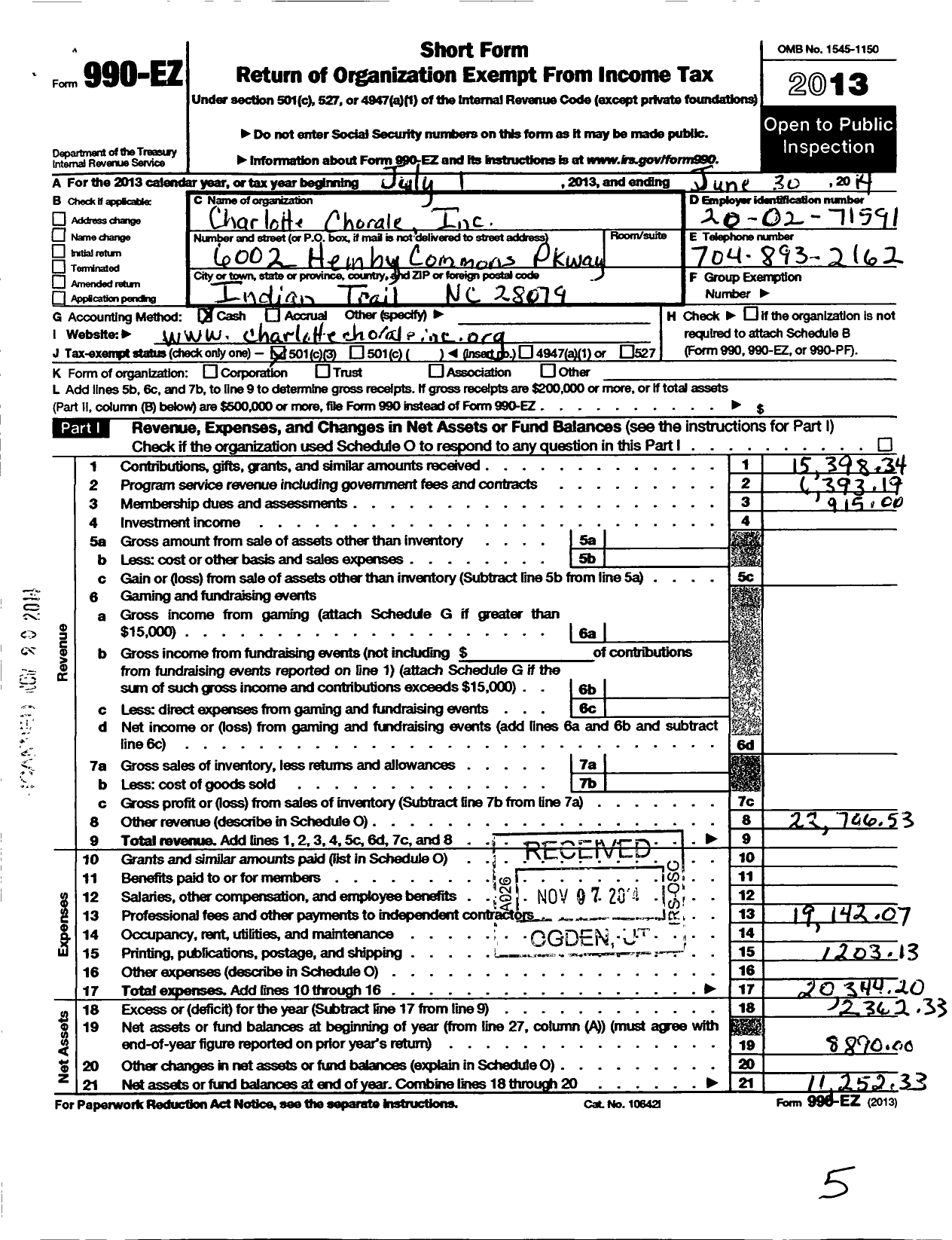 Image of first page of 2013 Form 990EZ for Charlotte Chorale