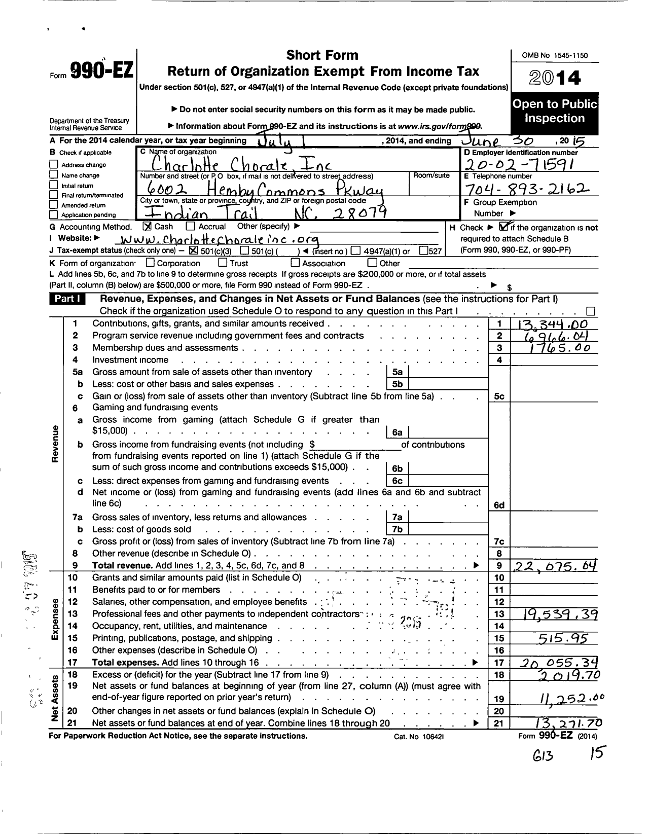 Image of first page of 2014 Form 990EZ for Charlotte Chorale