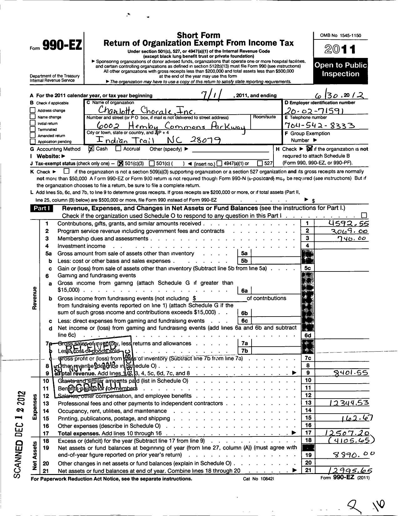 Image of first page of 2011 Form 990EZ for Charlotte Chorale