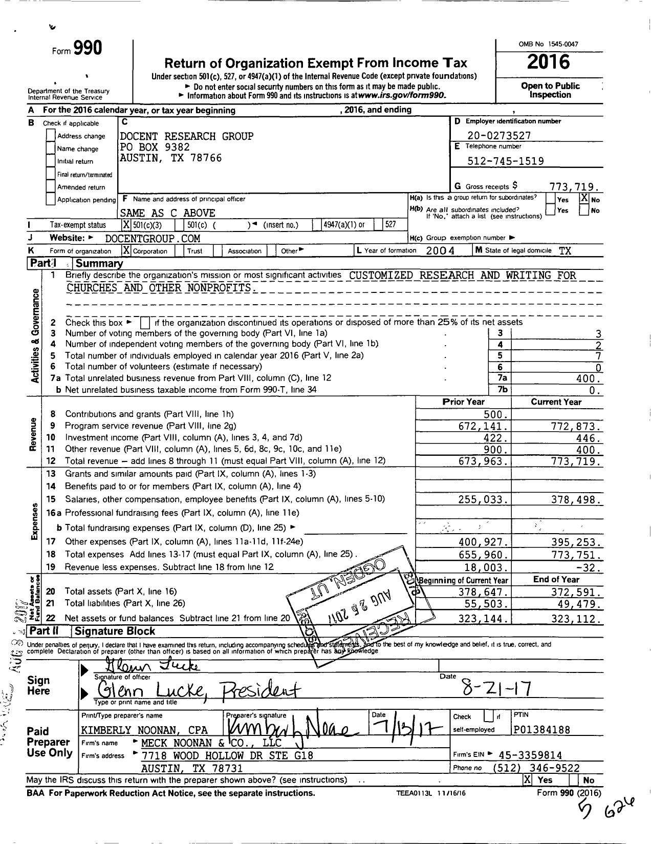 Image of first page of 2016 Form 990 for Docent Research Group