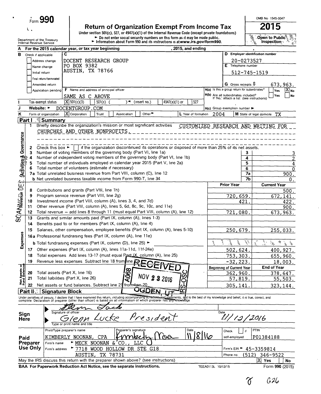 Image of first page of 2015 Form 990 for Docent Research Group