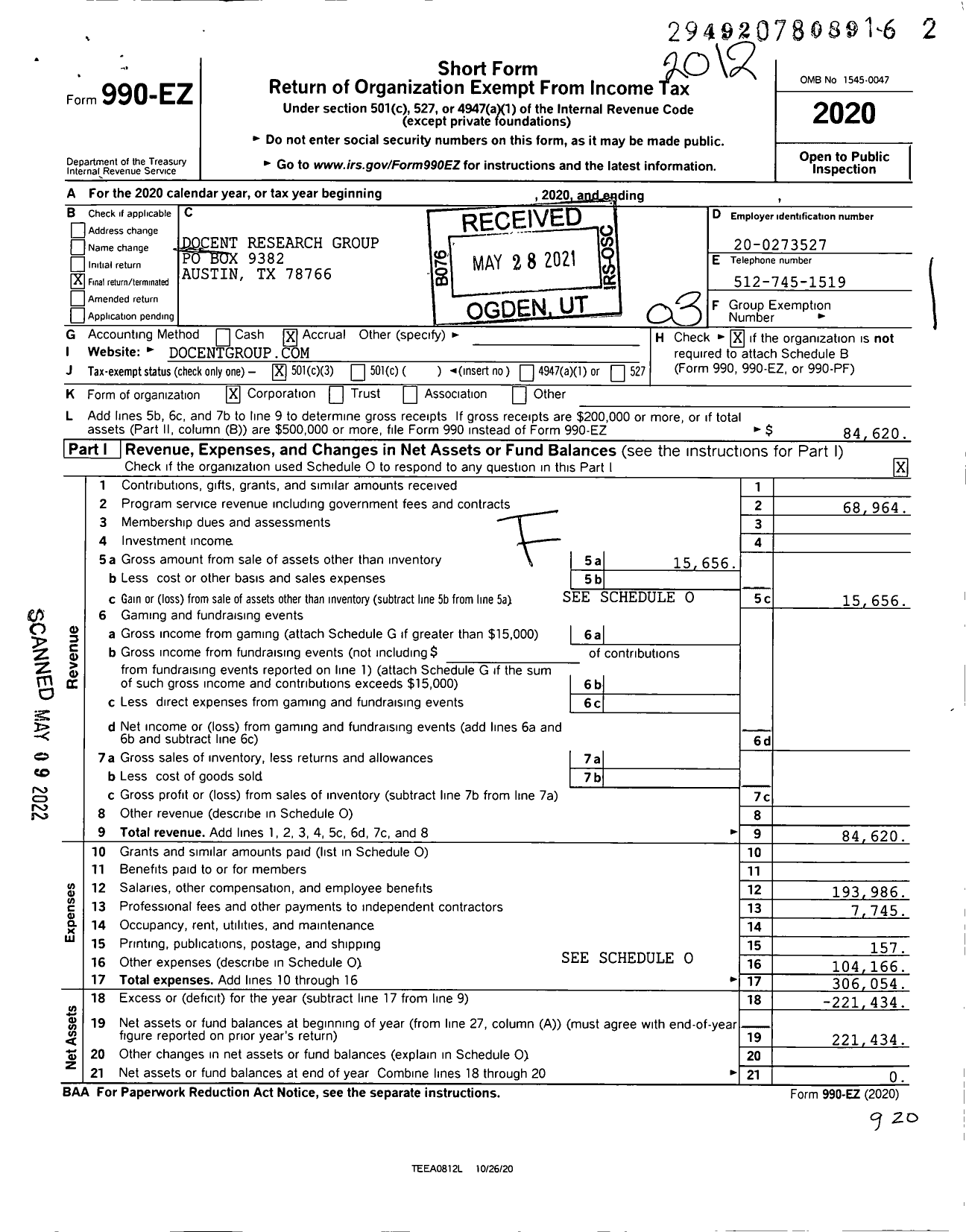 Image of first page of 2020 Form 990EZ for Docent Research Group