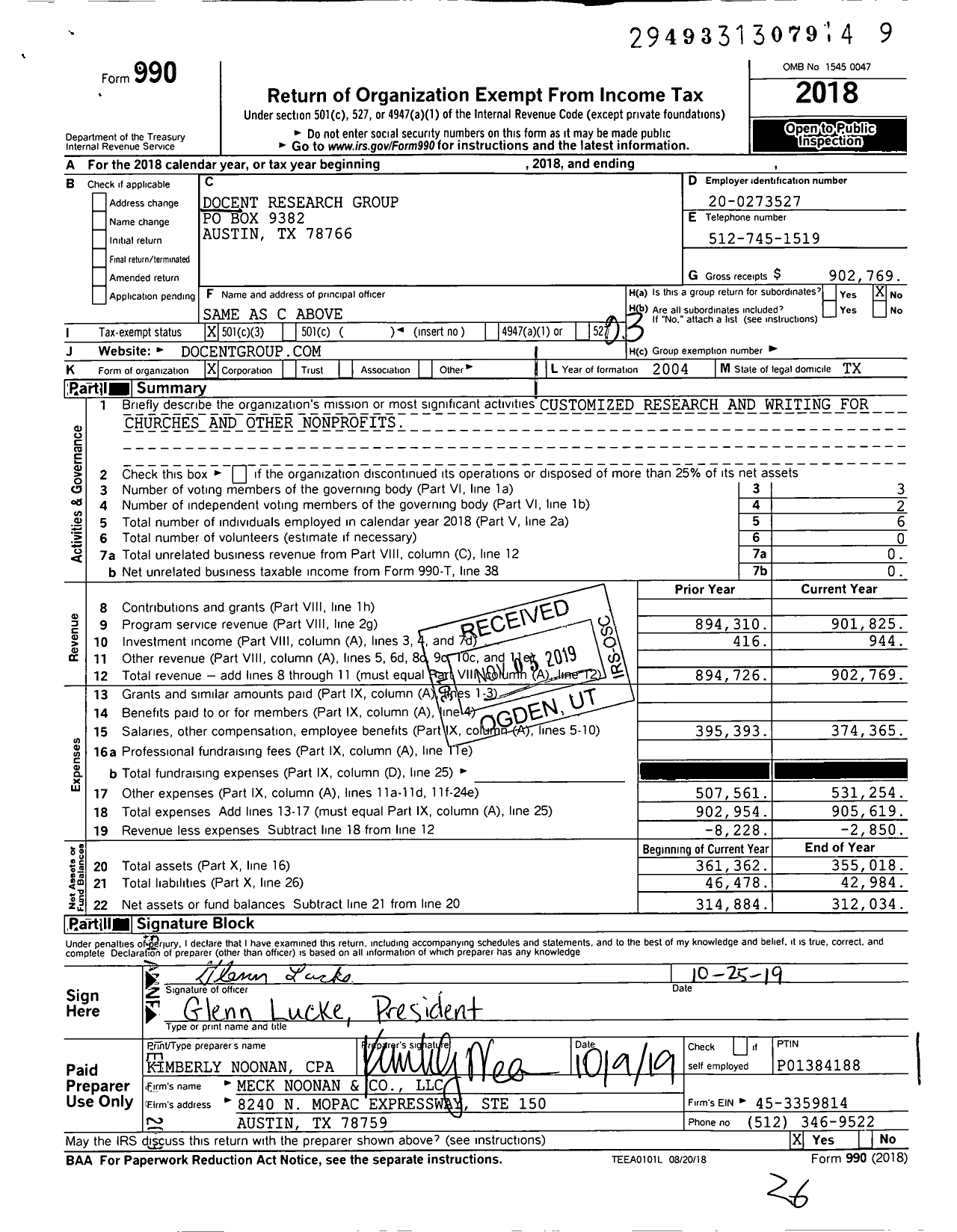 Image of first page of 2018 Form 990 for Docent Research Group