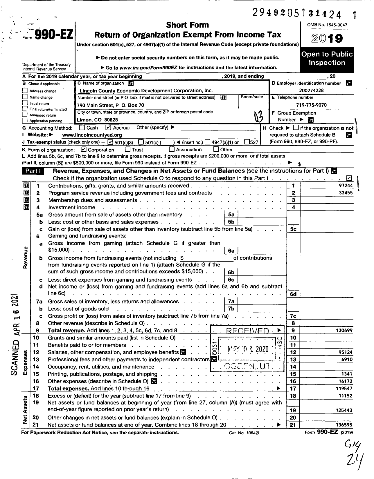 Image of first page of 2019 Form 990EZ for Lincoln County Economic Development Corporation