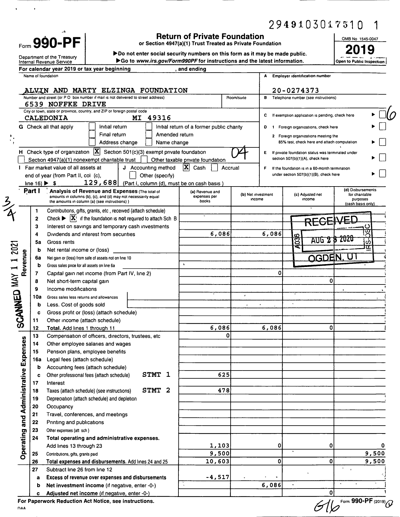 Image of first page of 2019 Form 990PF for Alvin and Marty Elzinga Foundation