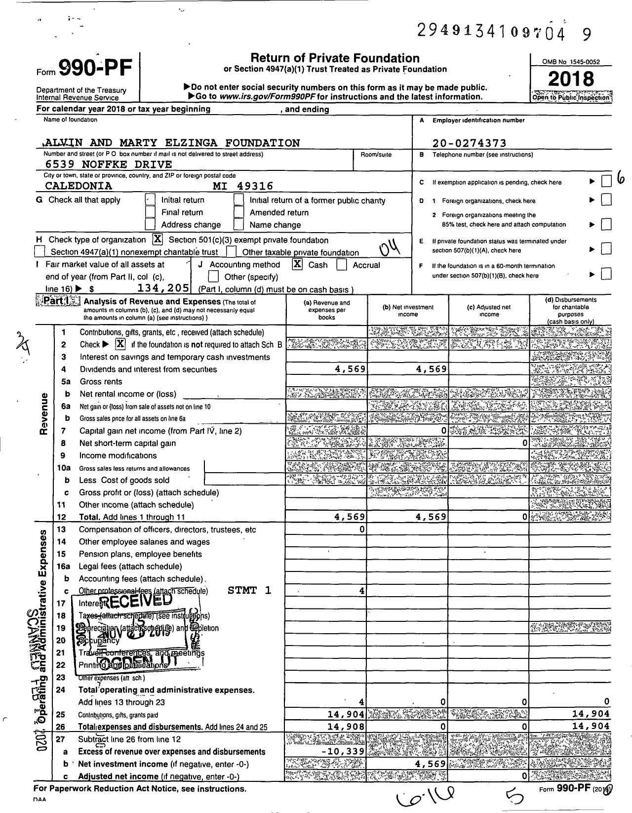 Image of first page of 2018 Form 990PF for Alvin and Marty Elzinga Foundation