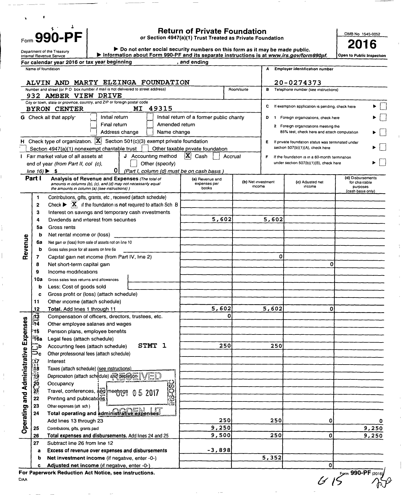 Image of first page of 2016 Form 990PF for Alvin and Marty Elzinga Foundation