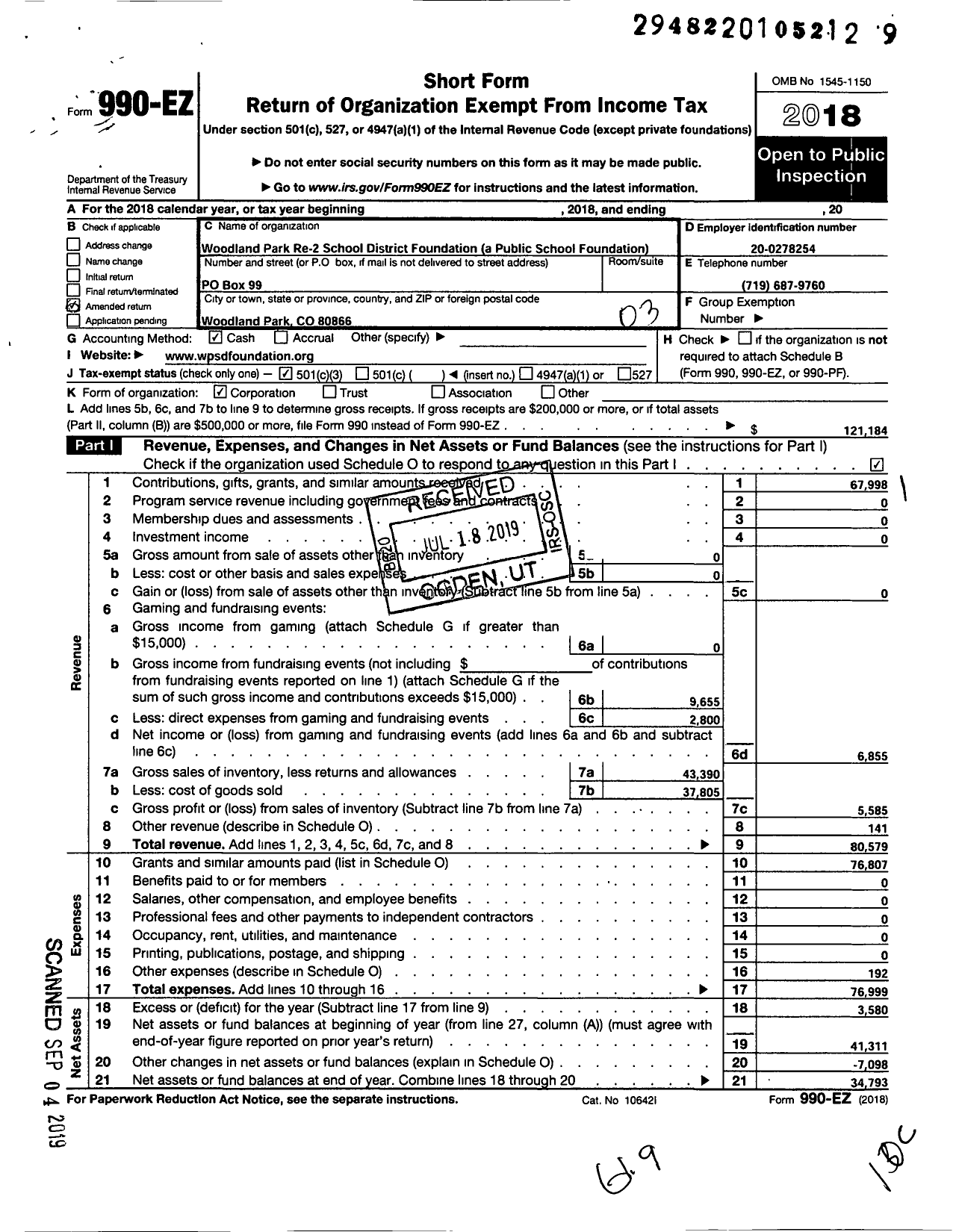 Image of first page of 2018 Form 990EZ for Woodland Park Re-2 School District Foundation