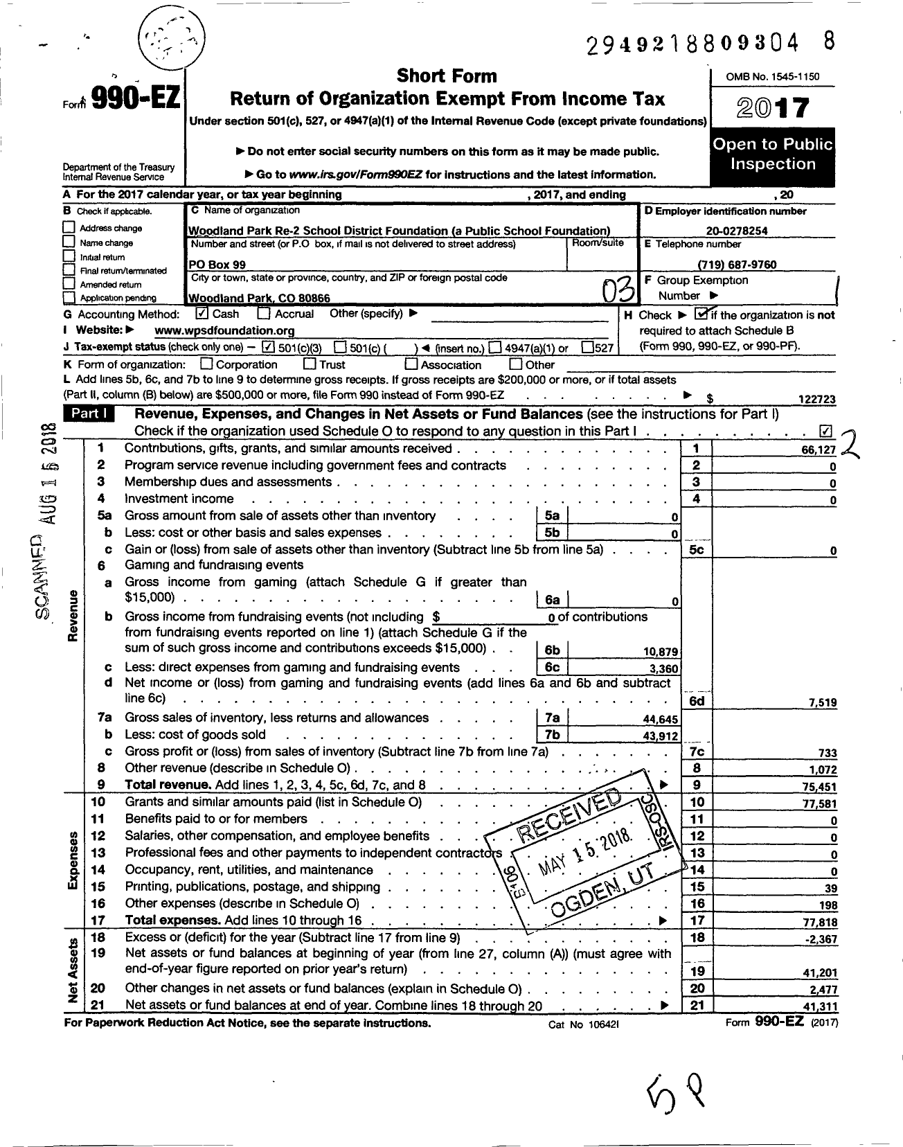 Image of first page of 2017 Form 990EZ for Woodland Park Re-2 School District Foundation