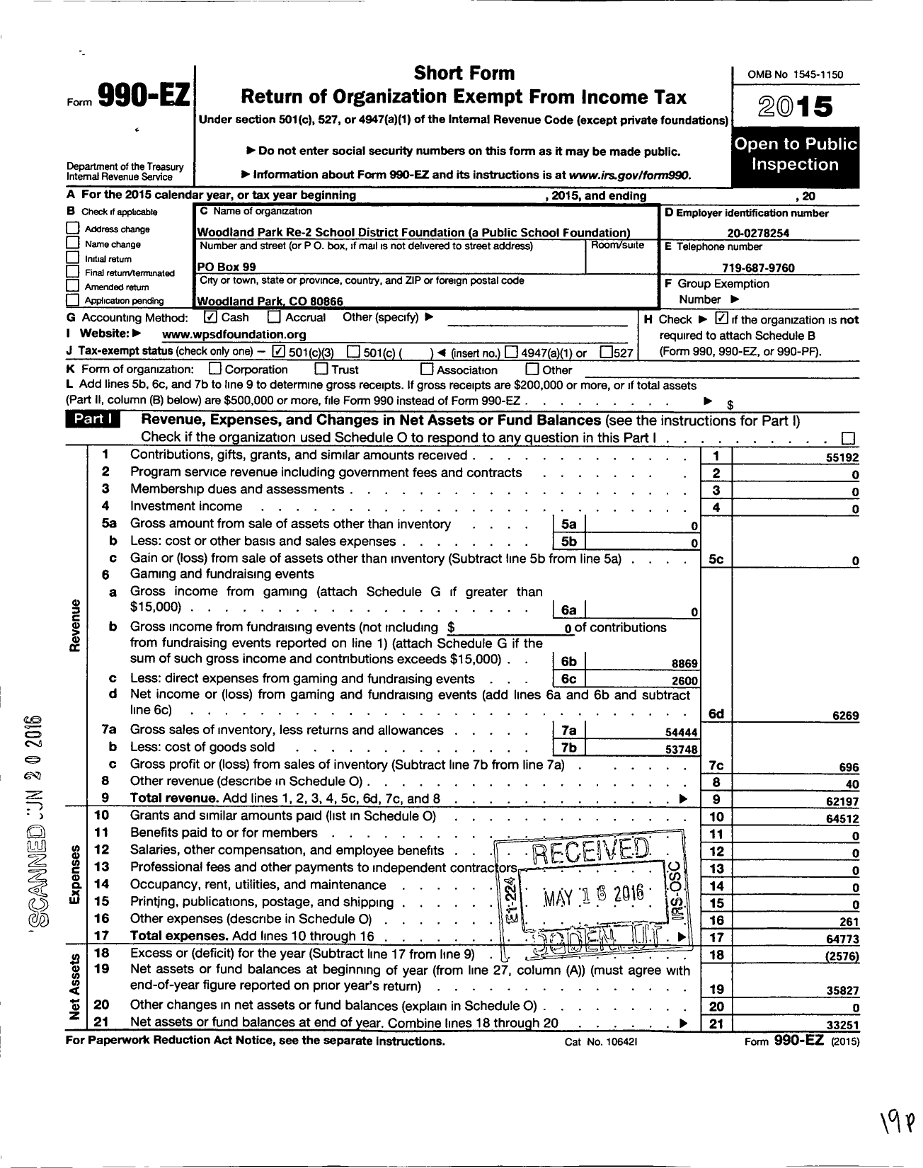 Image of first page of 2015 Form 990EZ for Woodland Park Re-2 School District Foundation