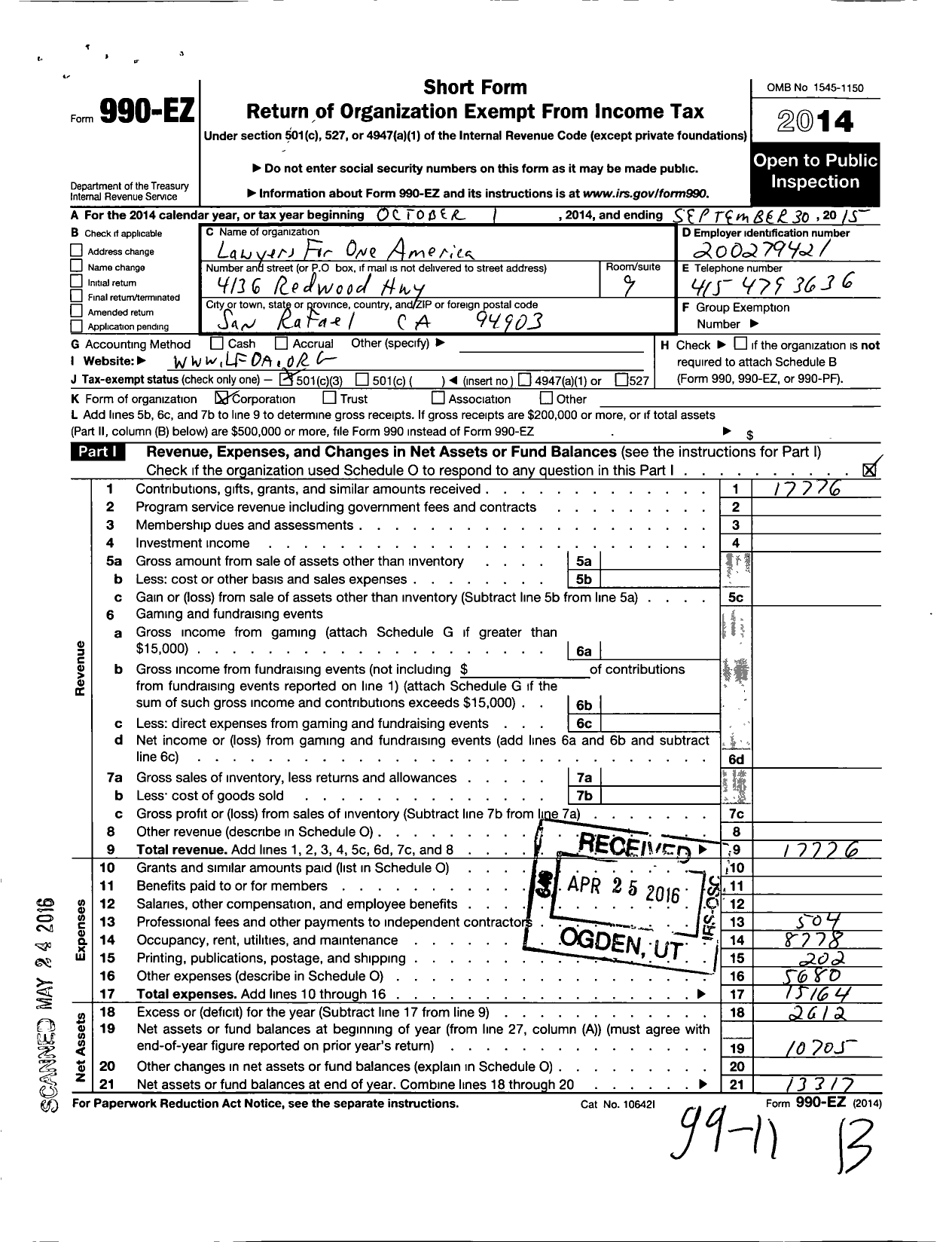 Image of first page of 2014 Form 990EZ for Lawyers for One America