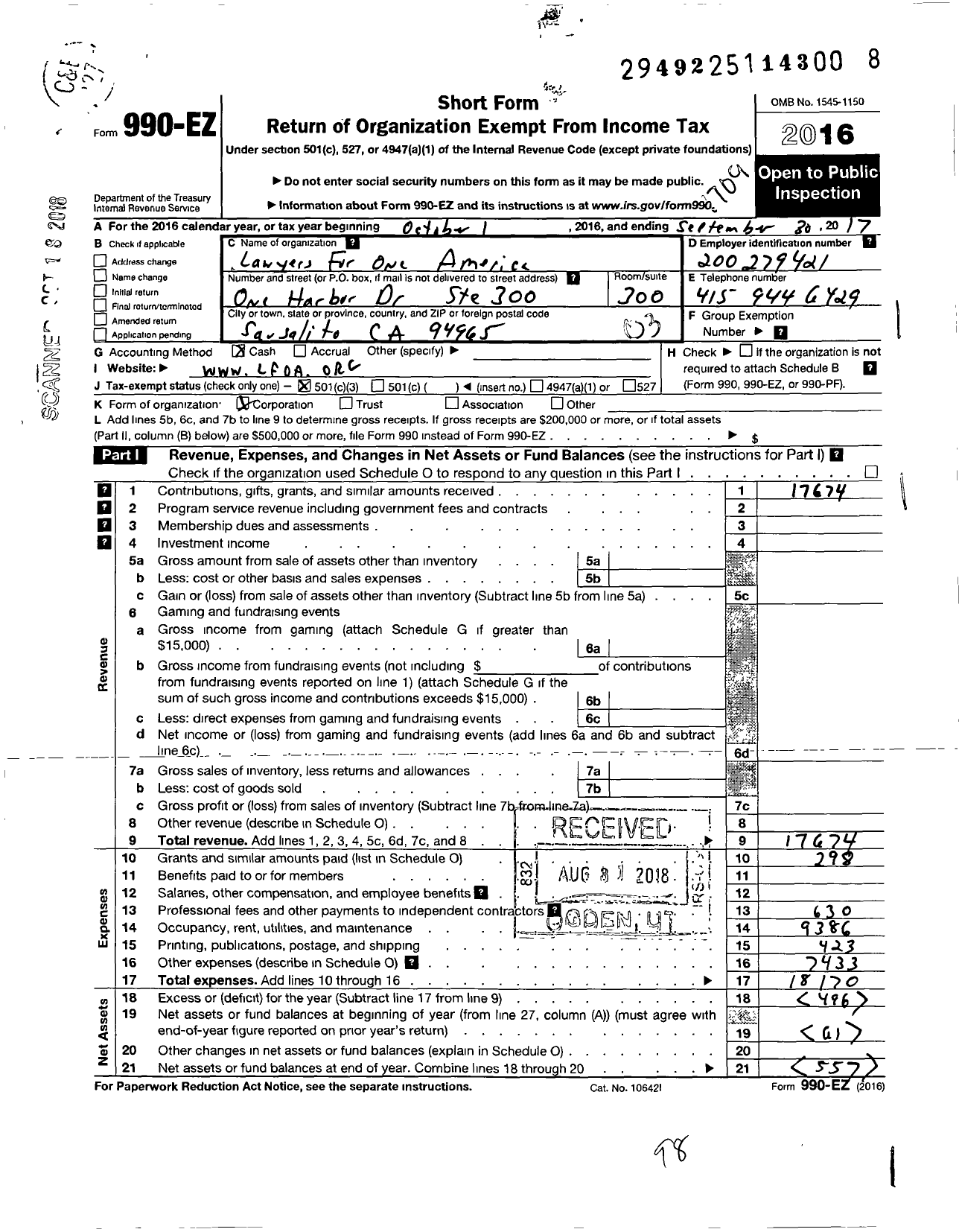 Image of first page of 2016 Form 990EZ for Lawyers for One America