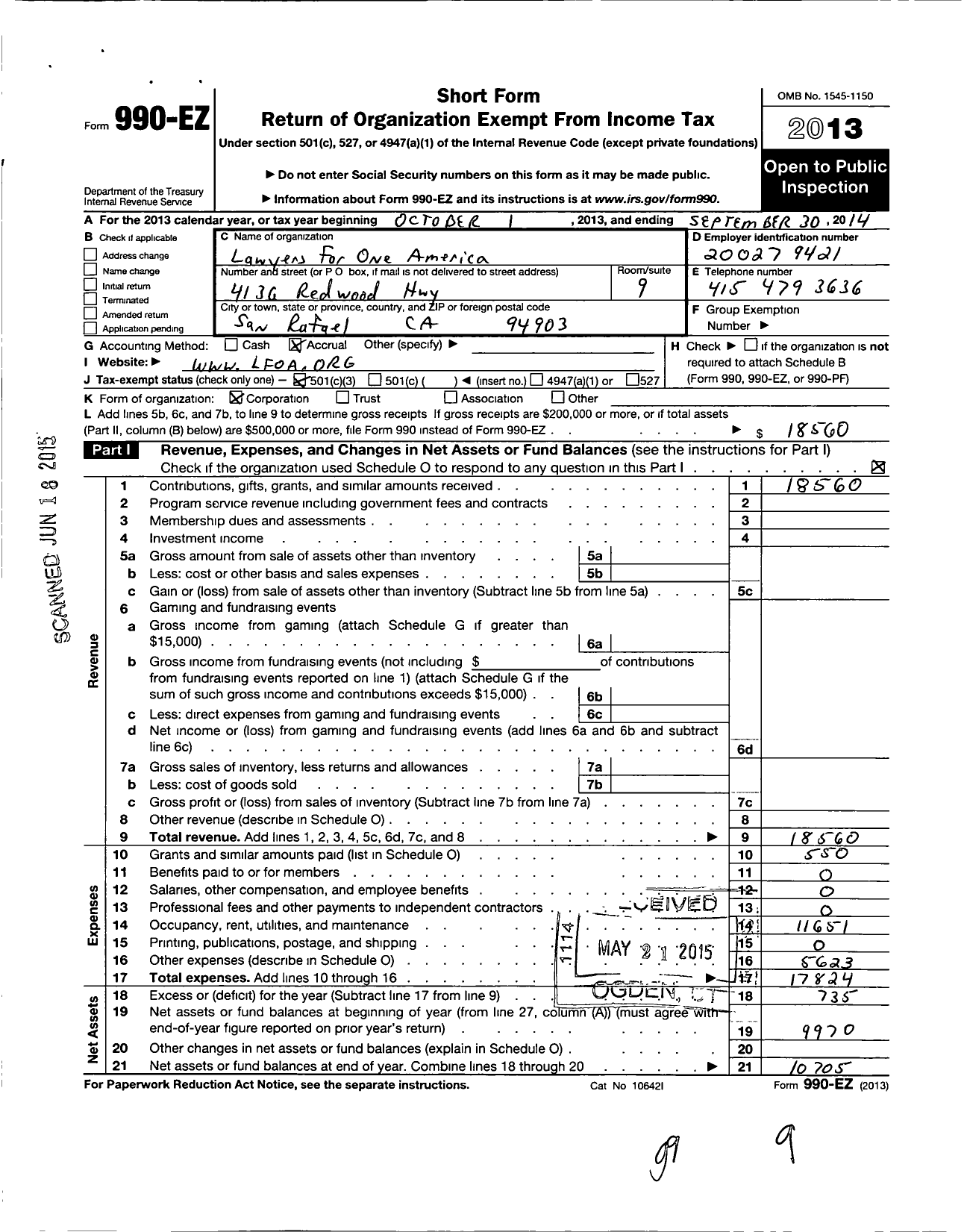 Image of first page of 2013 Form 990EZ for Lawyers for One America