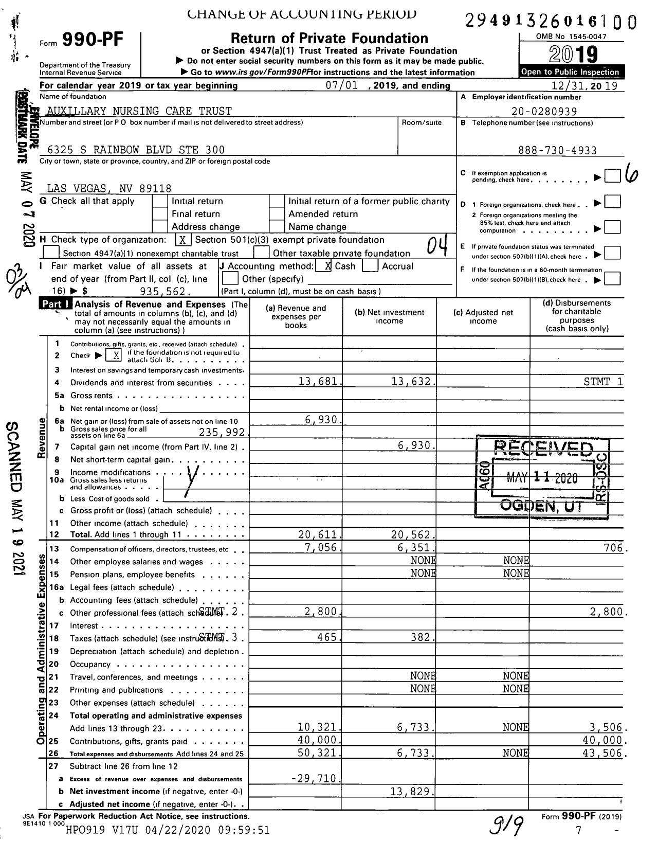 Image of first page of 2019 Form 990PF for Auxillary Nursing Care Trust