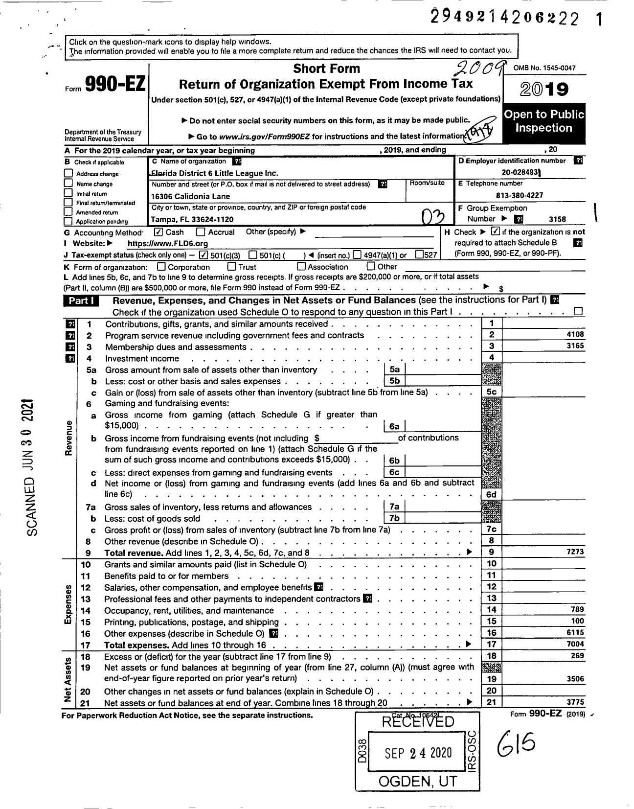 Image of first page of 2019 Form 990EZ for Little League Baseball - 3090600 Terry Thompson