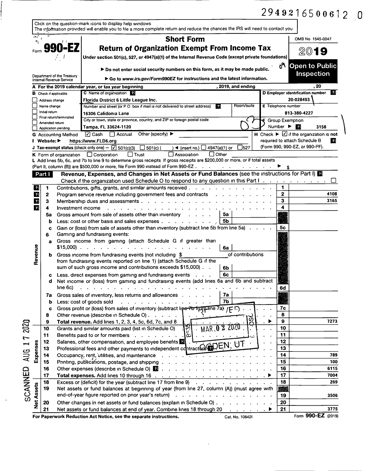 Image of first page of 2018 Form 990EZ for Little League Baseball - 3090600 Terry Thompson