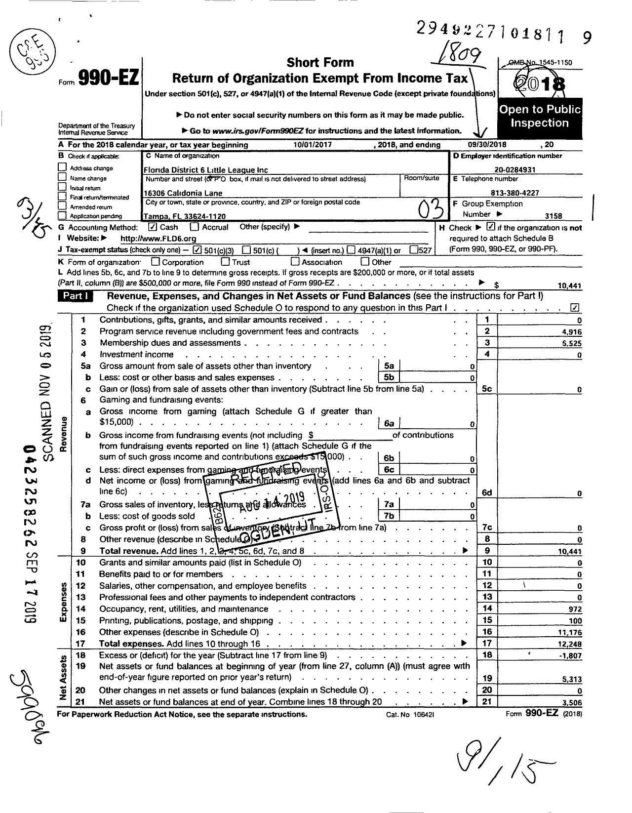 Image of first page of 2017 Form 990EZ for Little League Baseball - 3090600 Terry Thompson