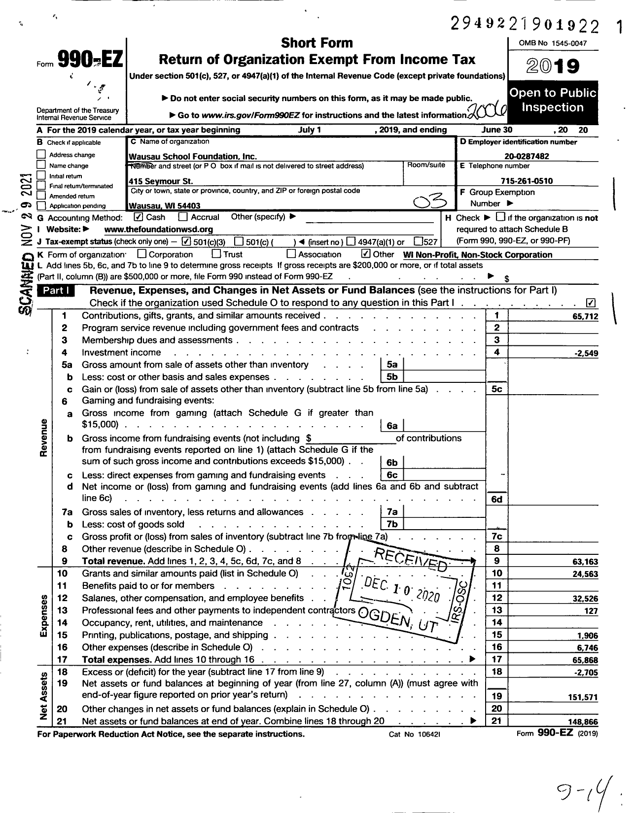 Image of first page of 2019 Form 990EZ for Wausau School Foundation