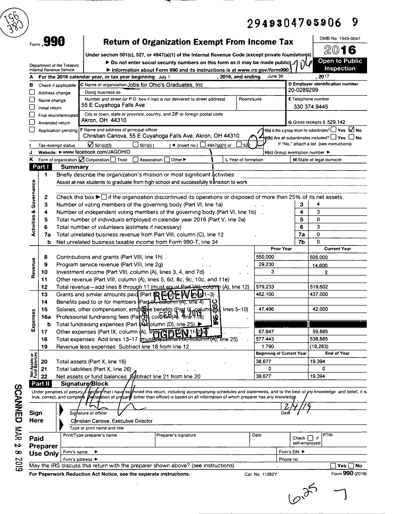 Image of first page of 2016 Form 990 for Jobs for Ohios Graduates