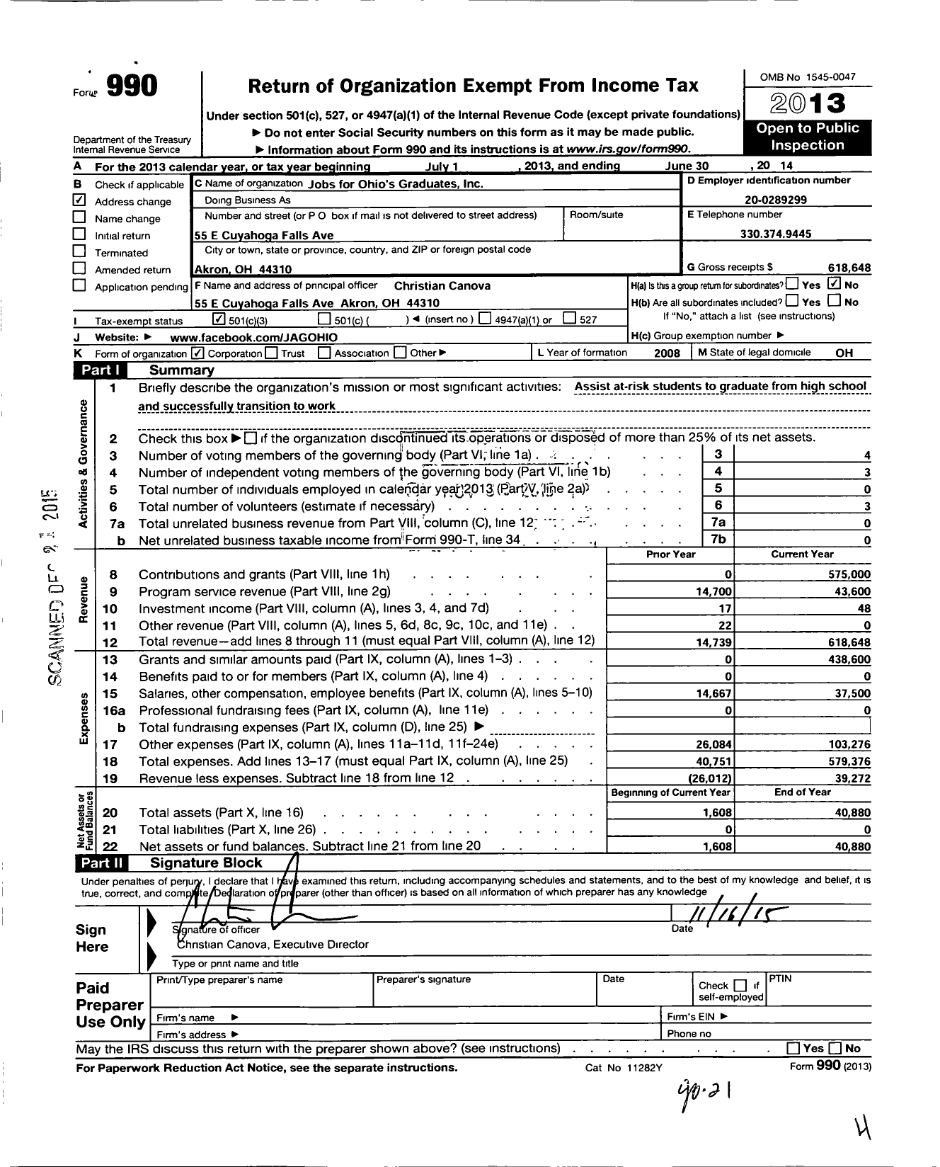 Image of first page of 2013 Form 990 for Jobs for Ohios Graduates