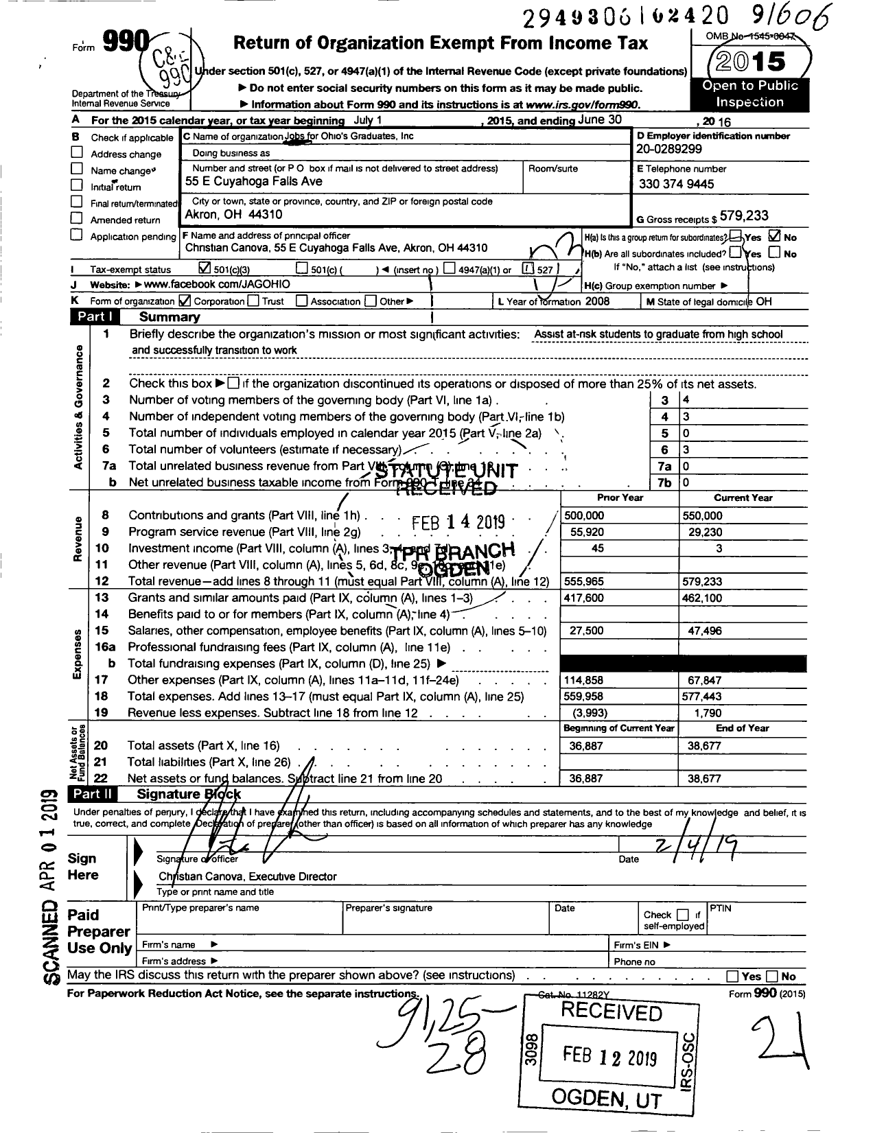 Image of first page of 2015 Form 990 for Jobs for Ohios Graduates