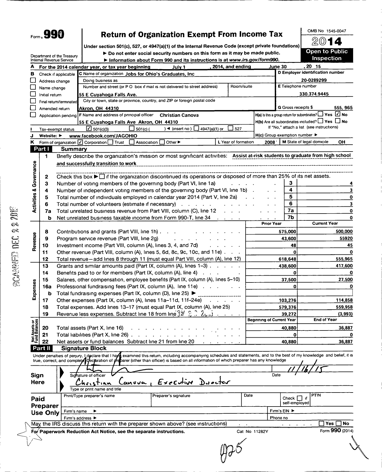 Image of first page of 2014 Form 990 for Jobs for Ohios Graduates