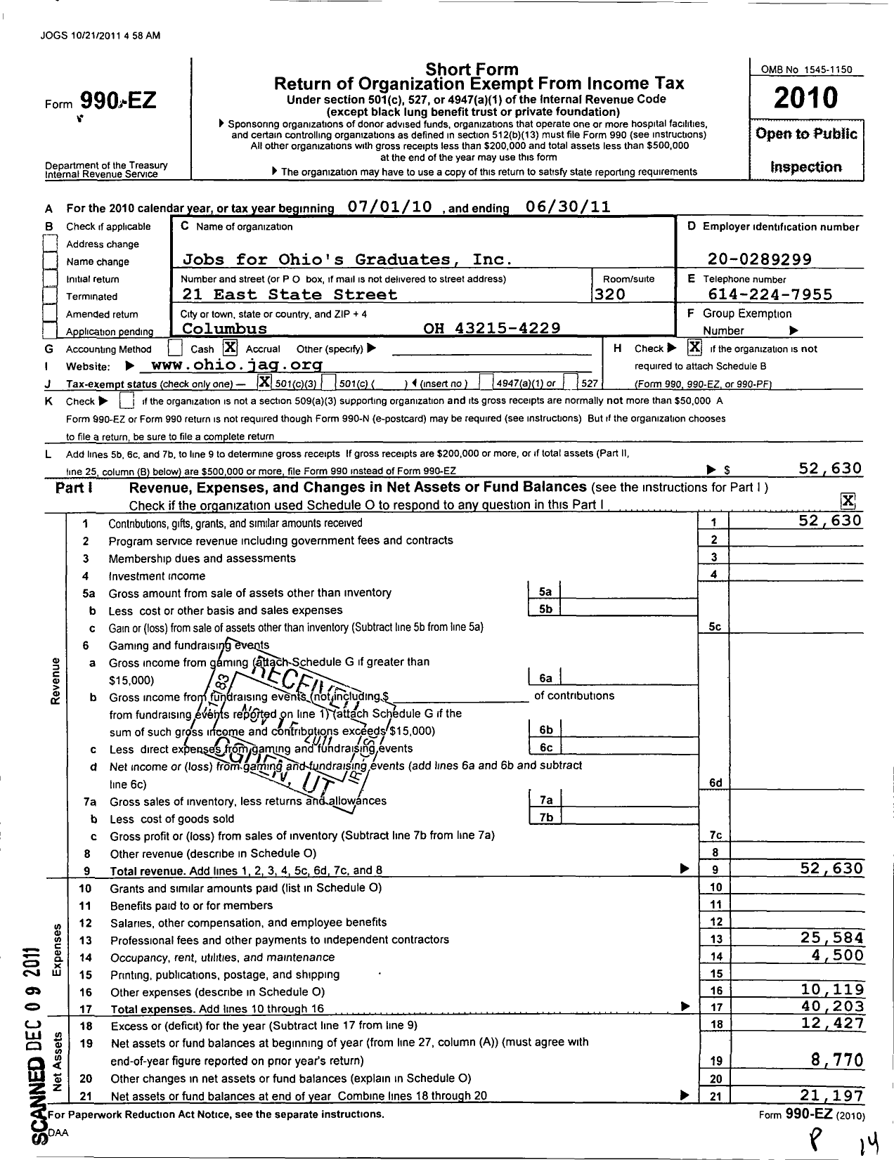 Image of first page of 2010 Form 990EZ for Jobs for Ohios Graduates