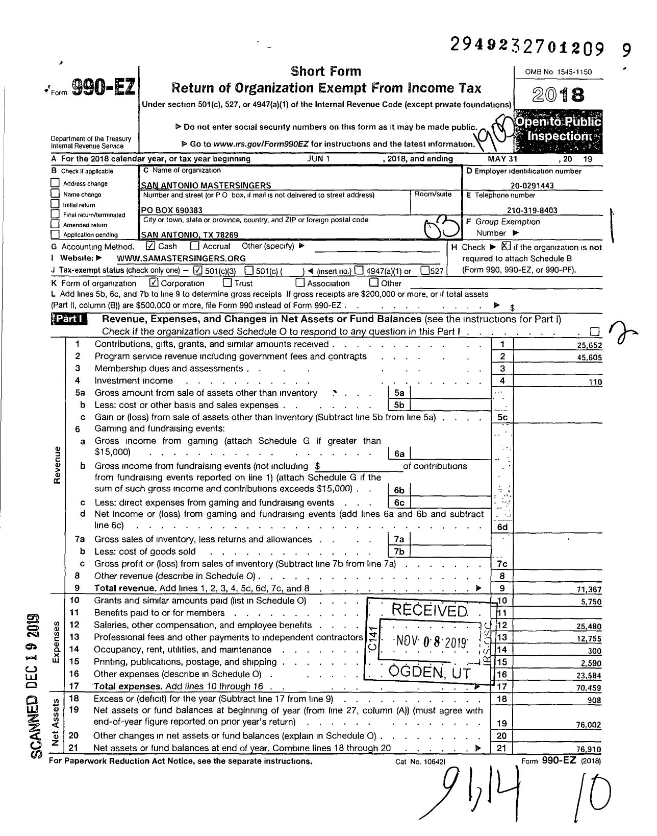 Image of first page of 2018 Form 990EZ for San Antonio Mastersingers