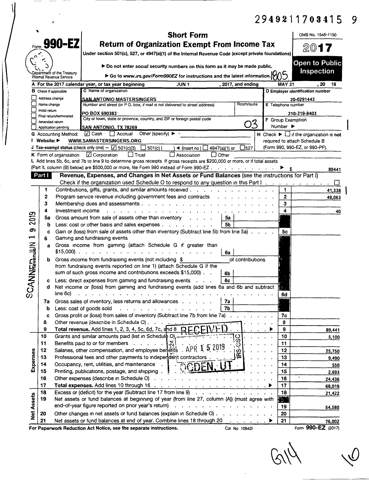 Image of first page of 2017 Form 990EZ for San Antonio Mastersingers