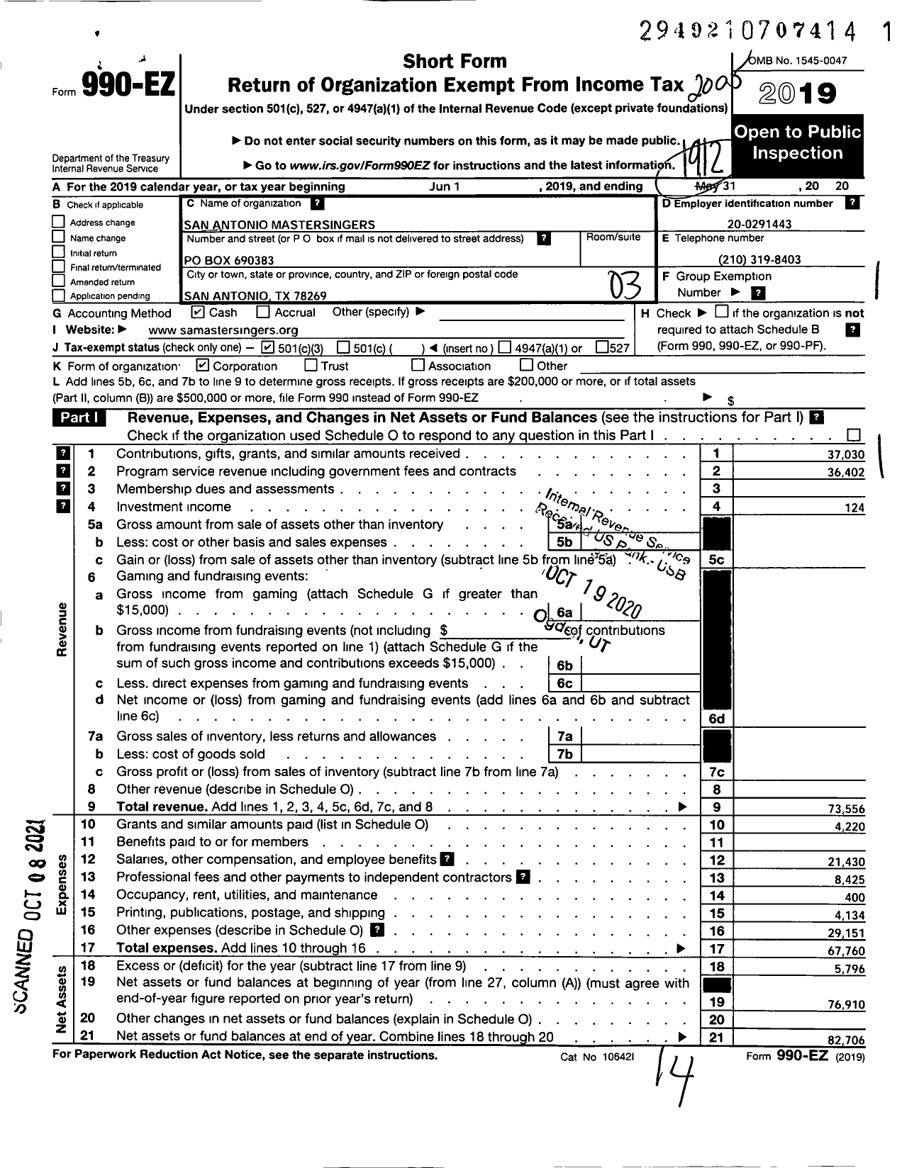 Image of first page of 2019 Form 990EZ for San Antonio Mastersingers