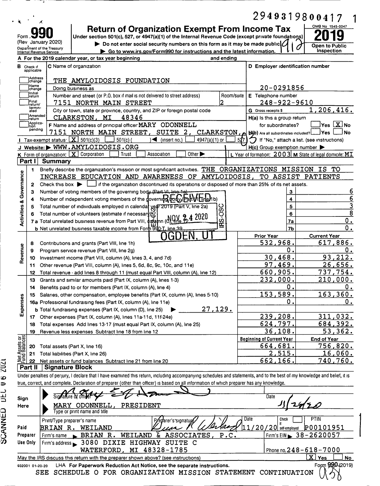 Image of first page of 2019 Form 990 for The Amyloidosis Foundation