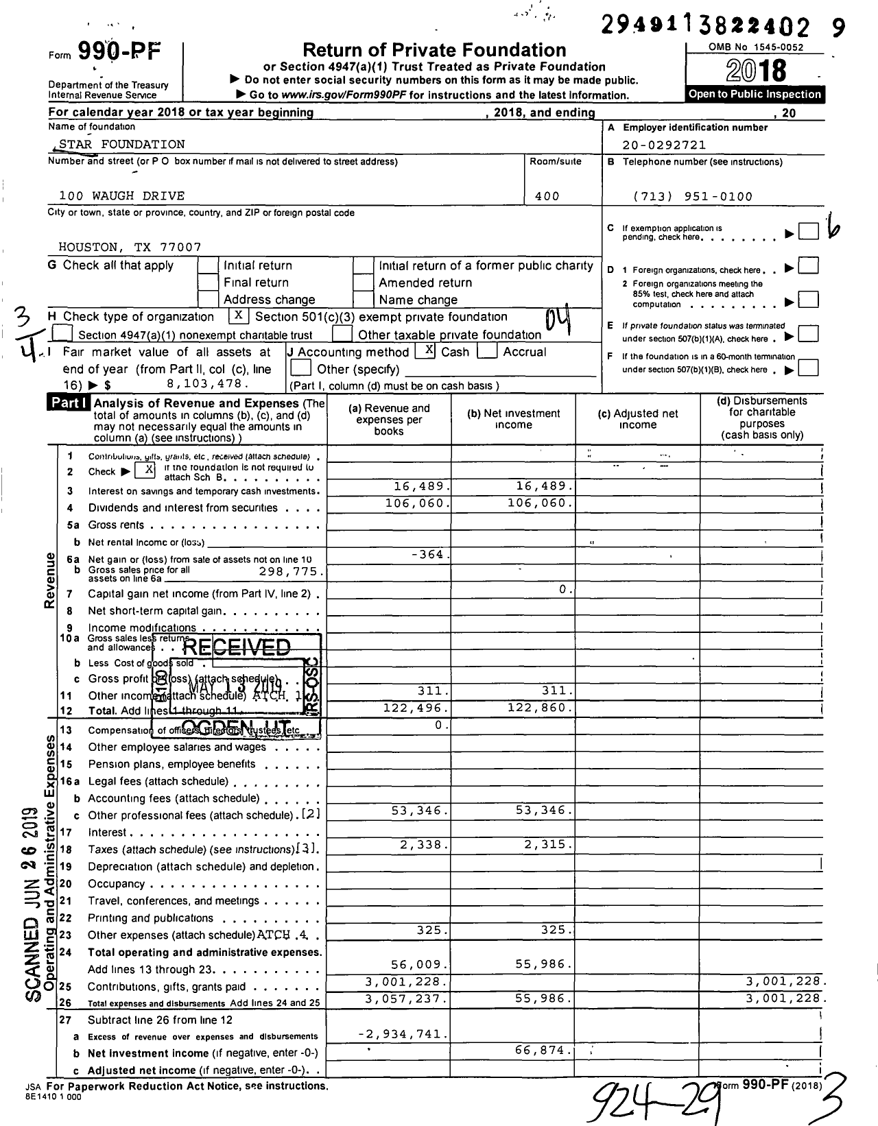 Image of first page of 2018 Form 990PF for Star Foundation